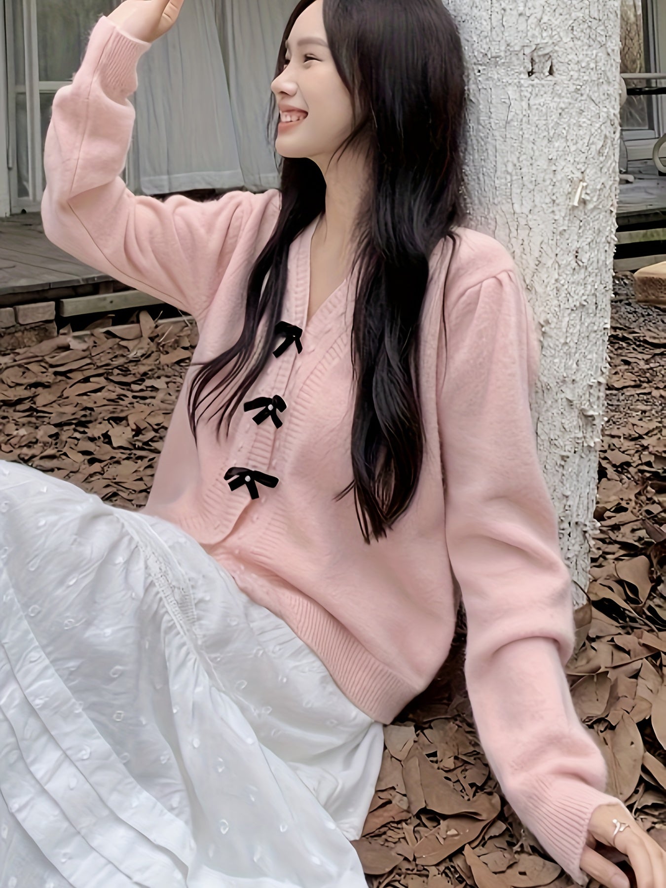 Antmvs Bow Button Front Knit Cardigan, Casual Long Sleeve Sweet Sweater For Fall & Winter, Women's Clothing