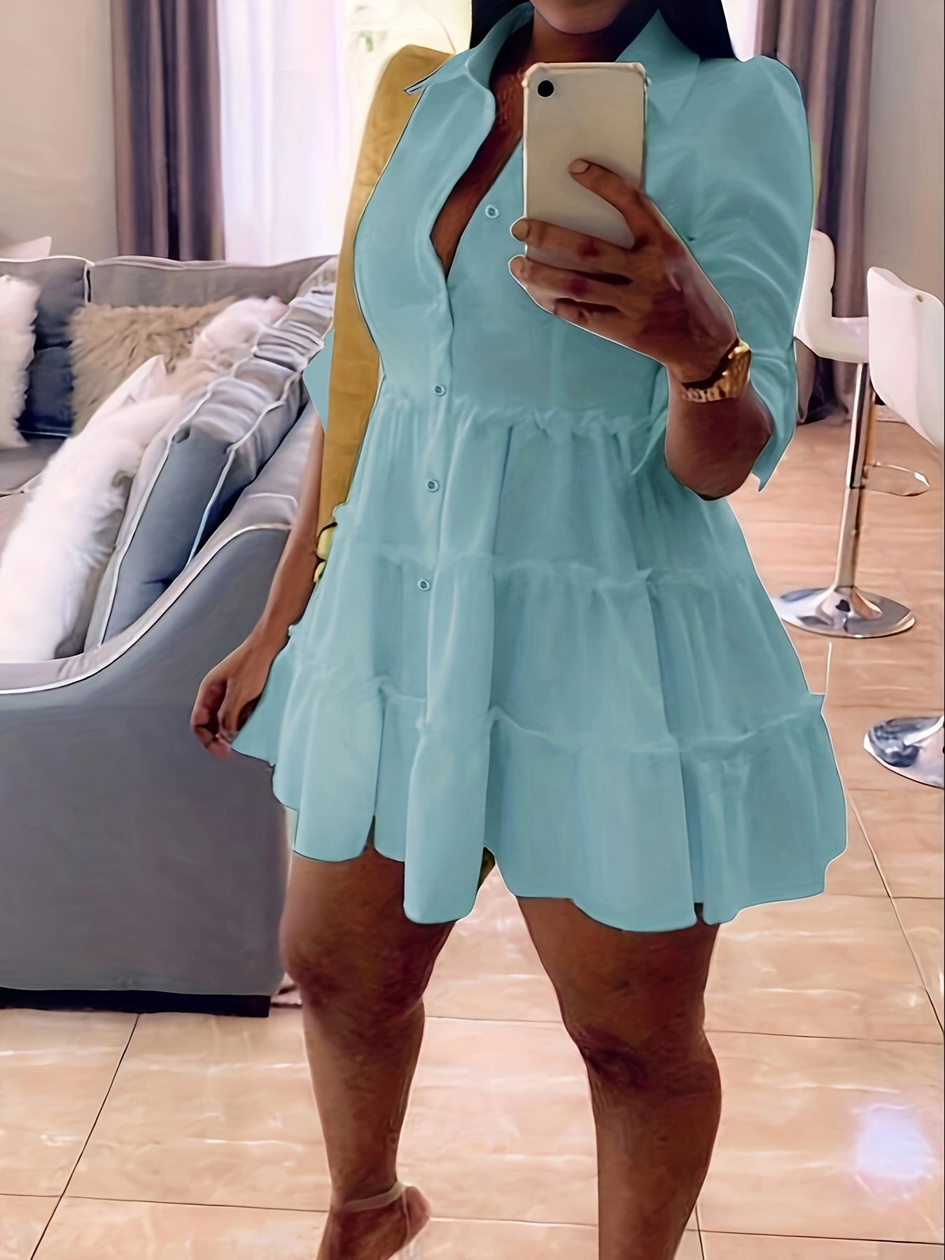 Antmvs Ruffle Layered Hem Shirt Dress, Casual Button Dress For Spring & Summer, Women's Clothing