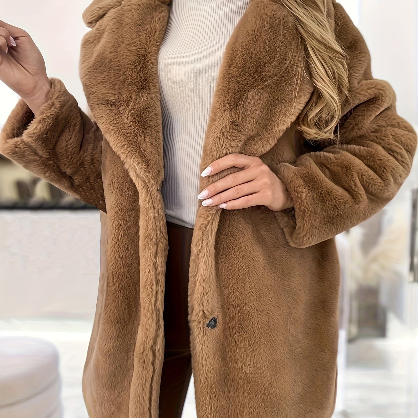 Antmvs Waterfall Collar Warm Coat, Casual Open Front Long Sleeve Winter Outerwear, Women's Clothing
