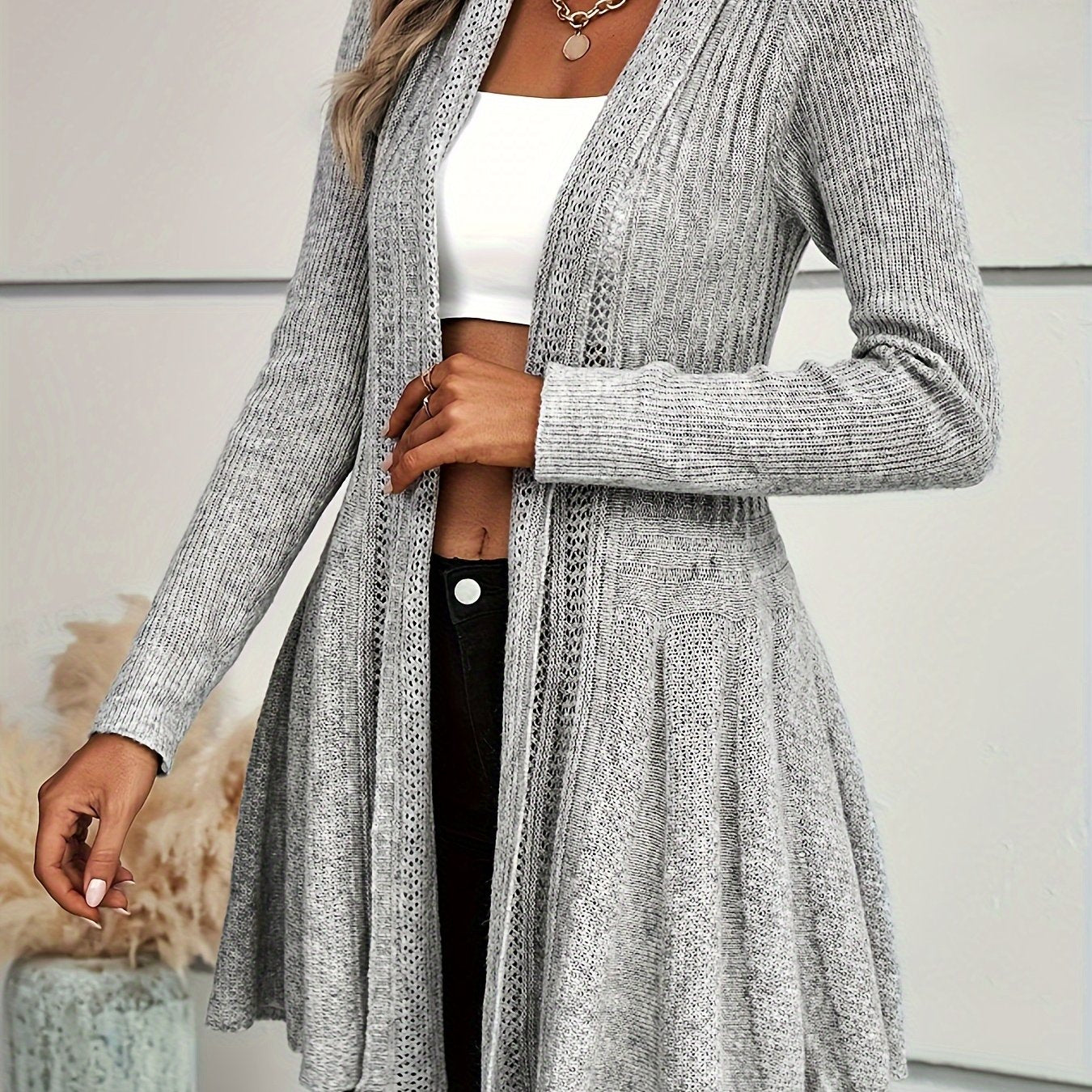 Antmvs Open Front Solid Flare Cardigan, Long Sleeve Cardigan For Fall & Winter, Women's Clothing
