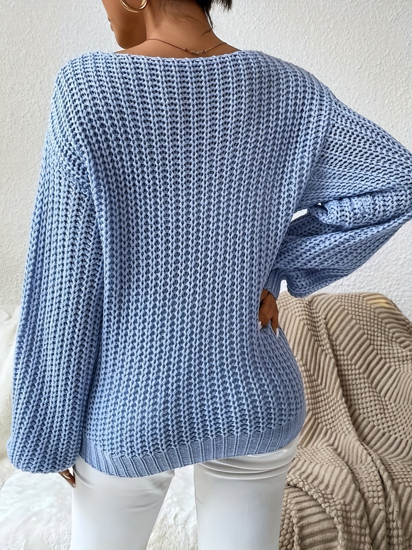 Antmvs V-neck Drop Shoulder Sweater, Casual Long Sleeve Sweater For Fall & Winter, Women's Clothing