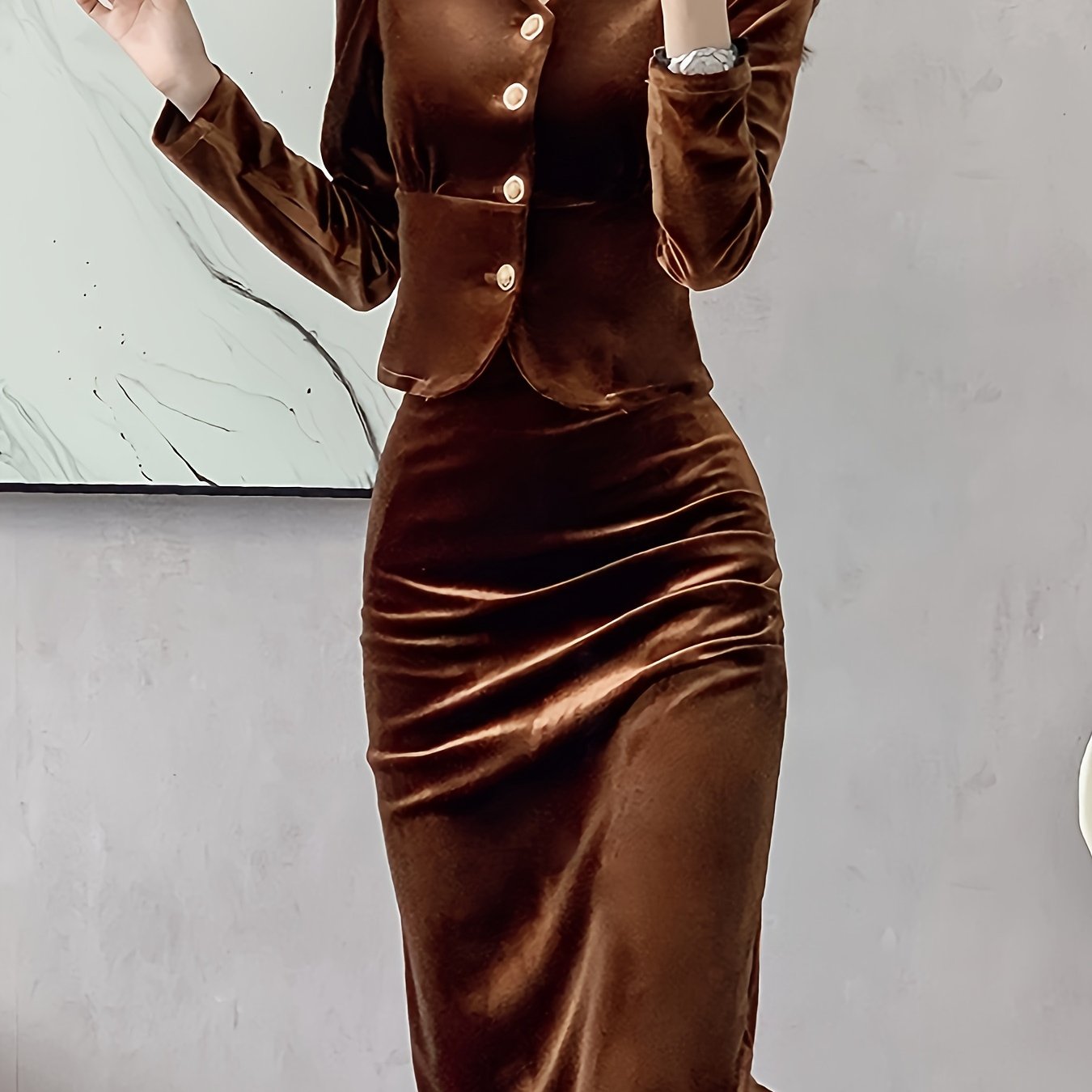Antmvs Solid Bodycon Two-piece Set, Button Front Long Sleeve Tops & High Waist Midi Skirts Outfits, Women's Clothing