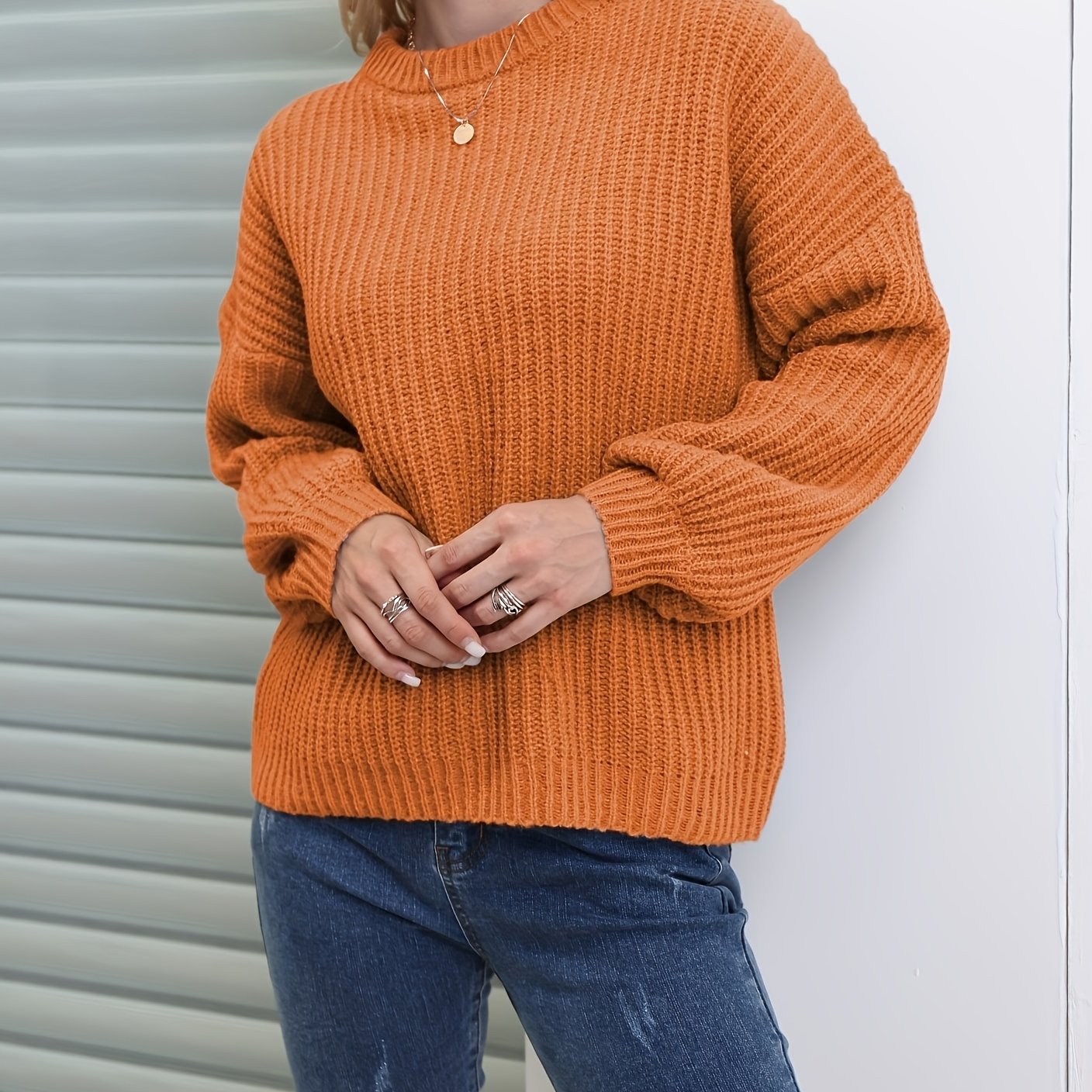 Antmvs Solid Versatile Knit Pullover Sweater, Casual Crew Neck Drop Shoulder Long Sleeve Sweater, Women's Clothing