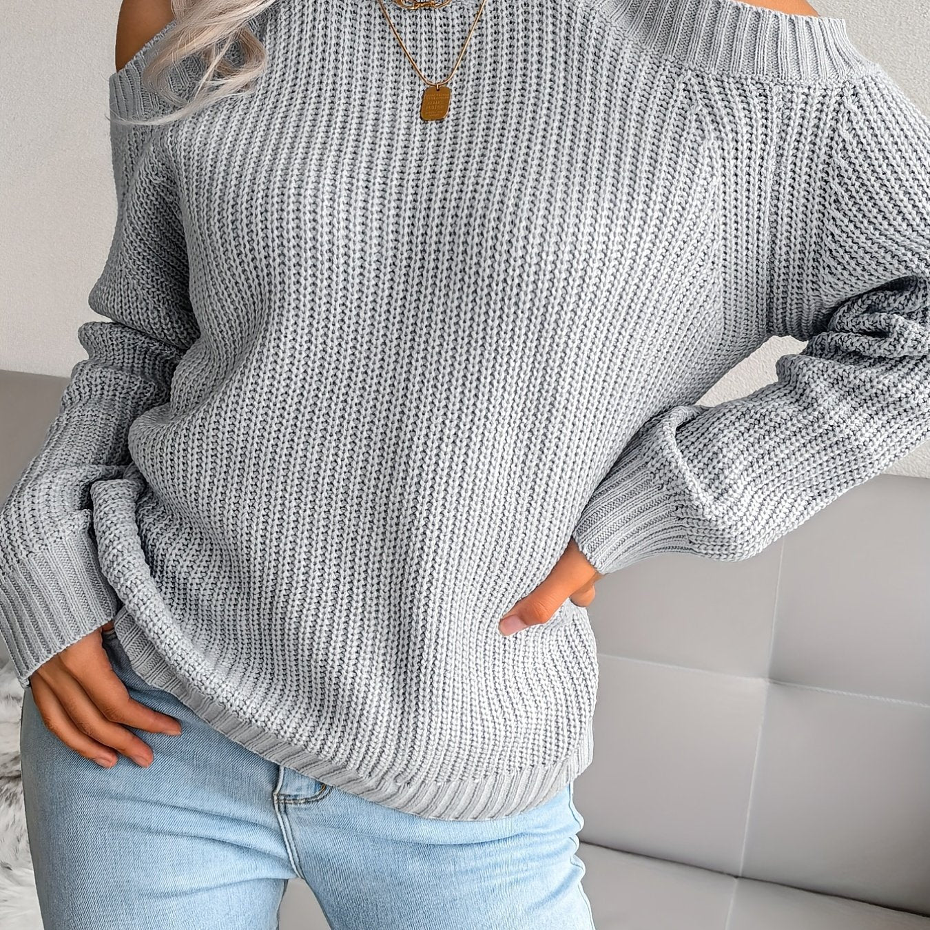 Antmvs Solid Color Crew Neck Cold Shoulder Knitted Tops, Casual Everyday Pullover Sweaters, Women's Clothing