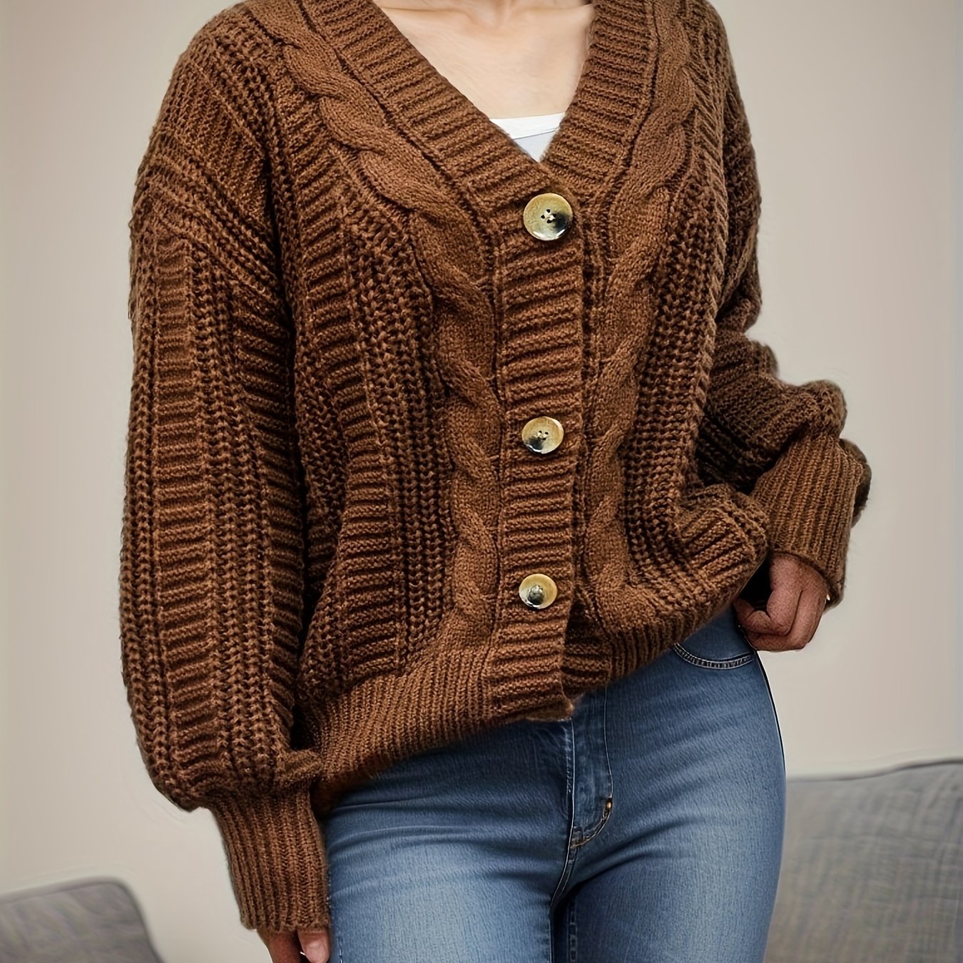 Antmvs Button Front Cable Knit Cardigan, Casual V Neck Long Sleeve Sweater, Women's Clothing