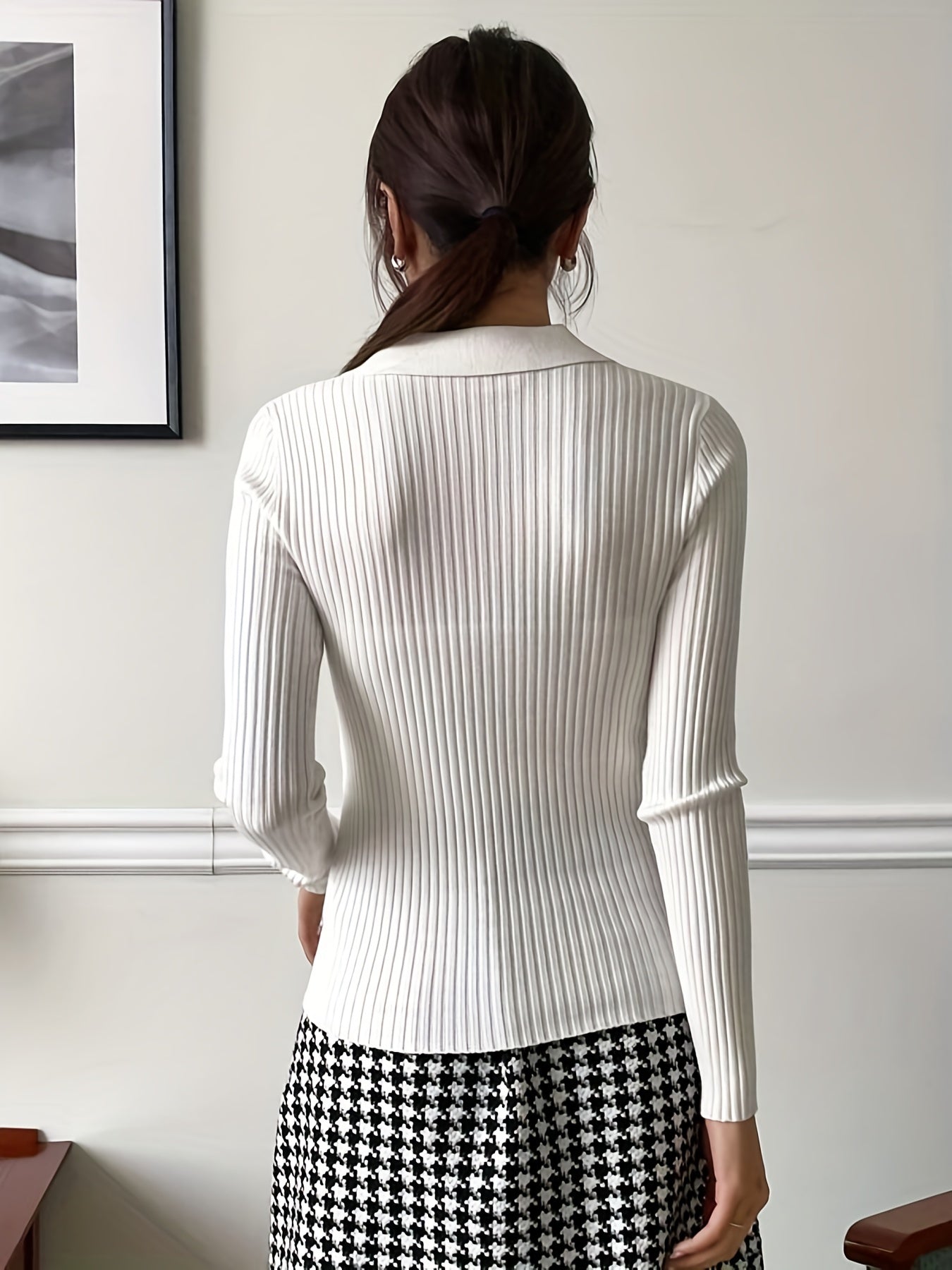 Antmvs Solid Notched Collar Rib Knit Sweater, Elegant Long Sleeve Slim Sweater, Women's Clothing