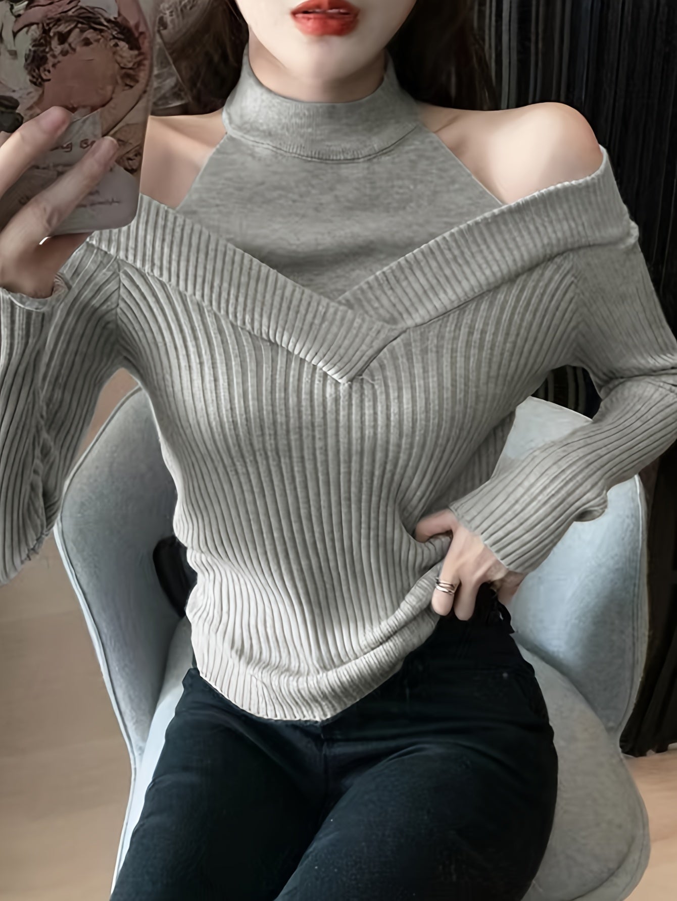 Antmvs Cold Shoulder Choker Neck Sweater, Chic Long Sleeve Sweater For Fall & Winter, Women's Clothing