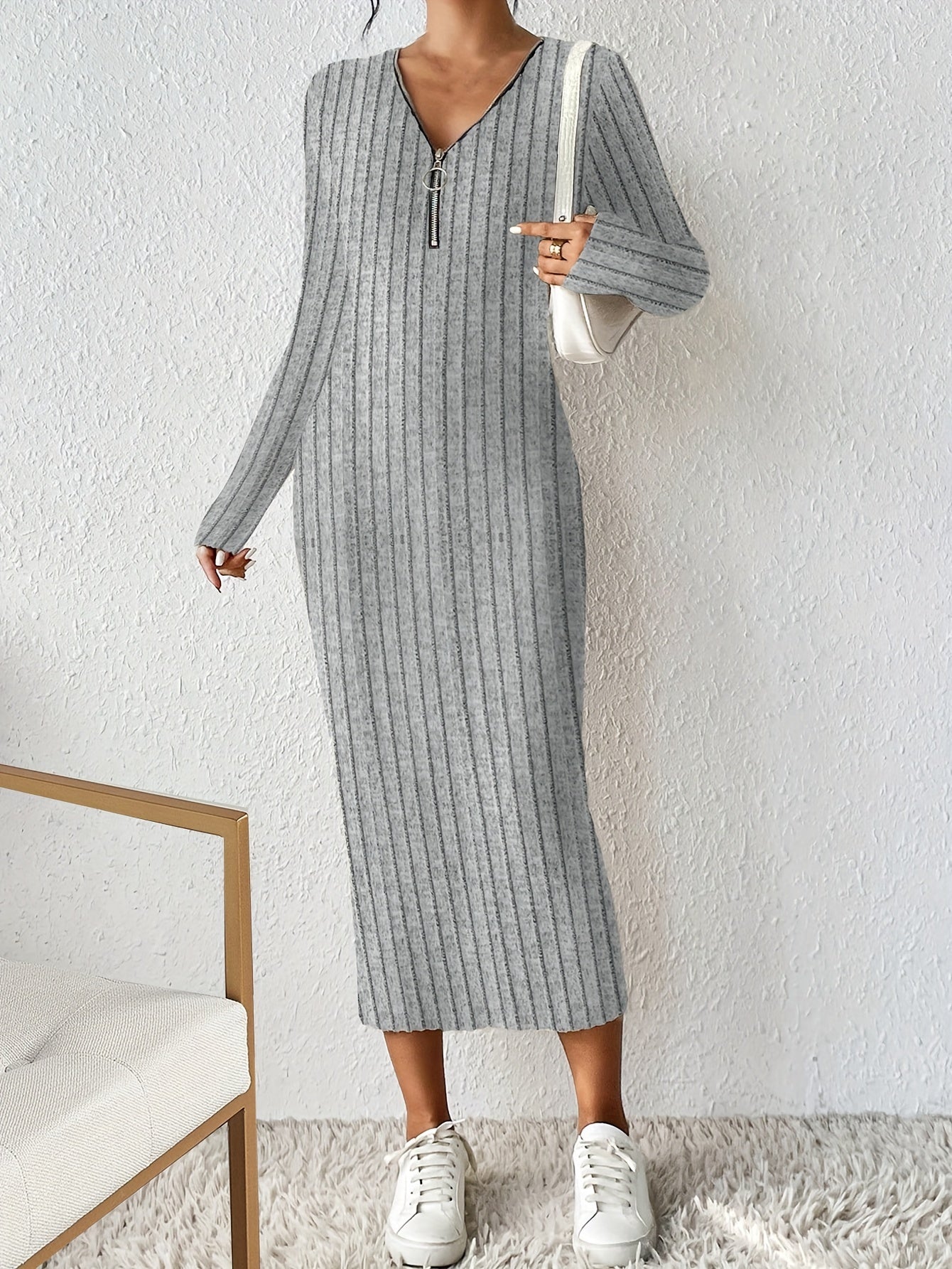 Antmvs Half Zip Ribbed Dress, Casual Solid Long Sleeve Every Day Dress, Women's Clothing