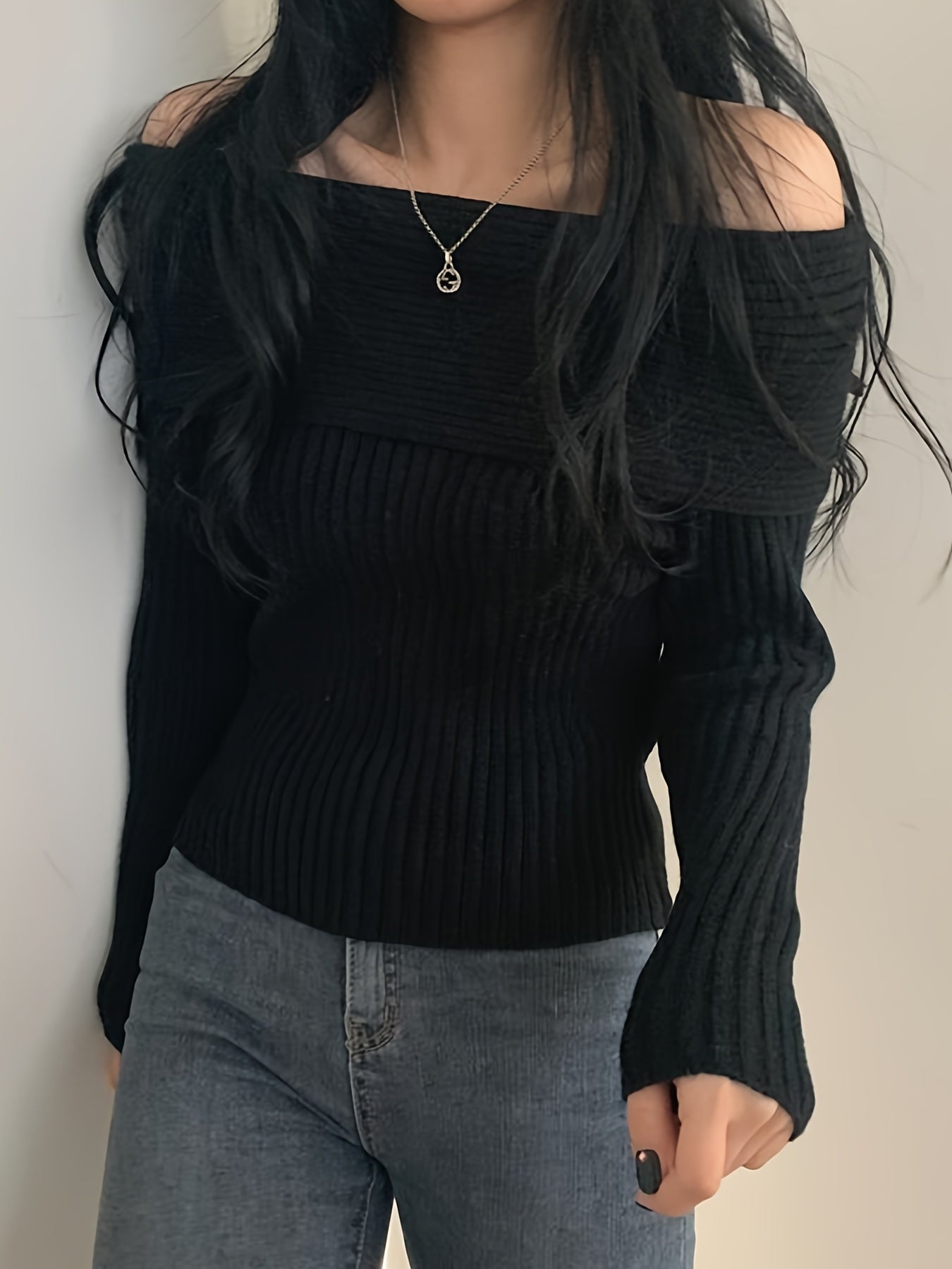 Antmvs Solid Off Shoulder Pullover Sweater, Casual Long Sleeve Fashion Sweater, Women's Clothing