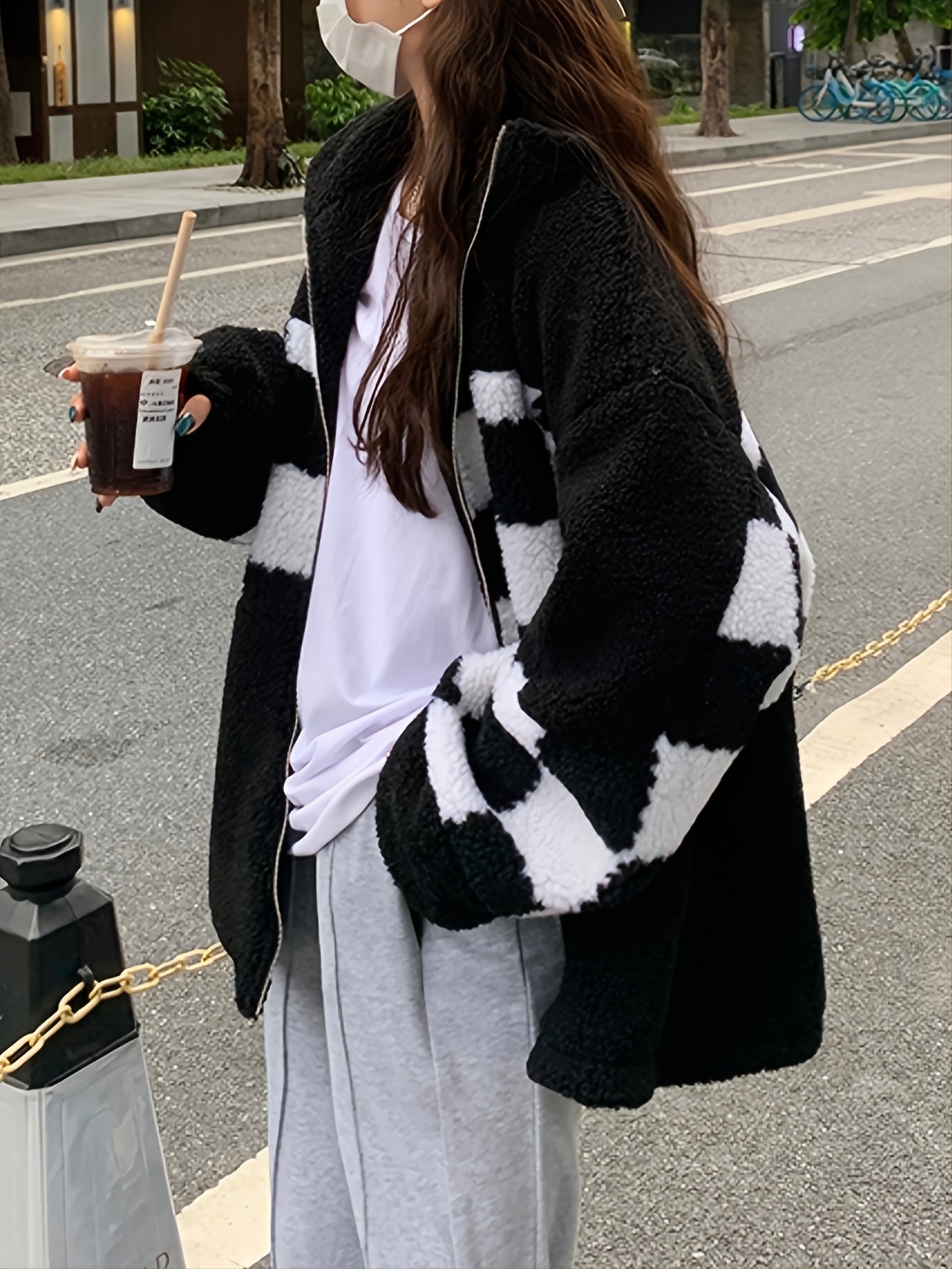 Antmvs Women's Checkered Print Oversized Plush Coat, Casual Winter Jacket For Outdoors, Women's Clothing
