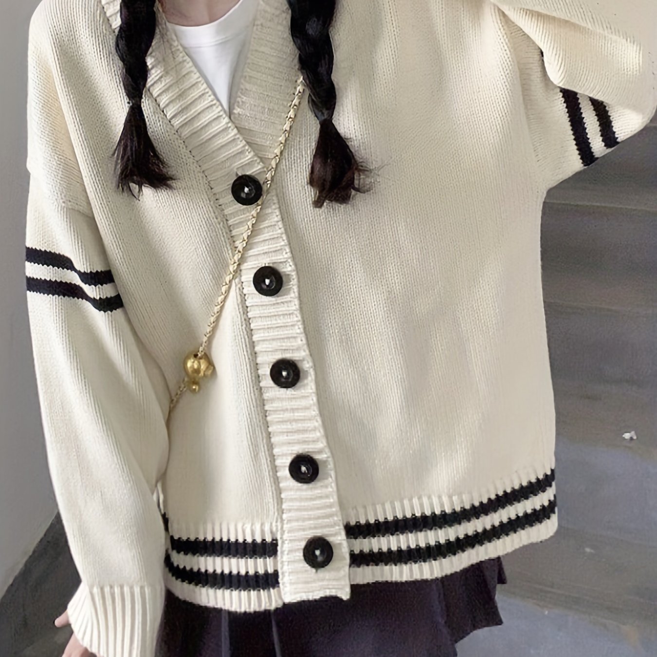 Antmvs Striped Button V-neck Cardigan, Casual Long Sleeve Cardigan For Fall & Winter, Women's Clothing