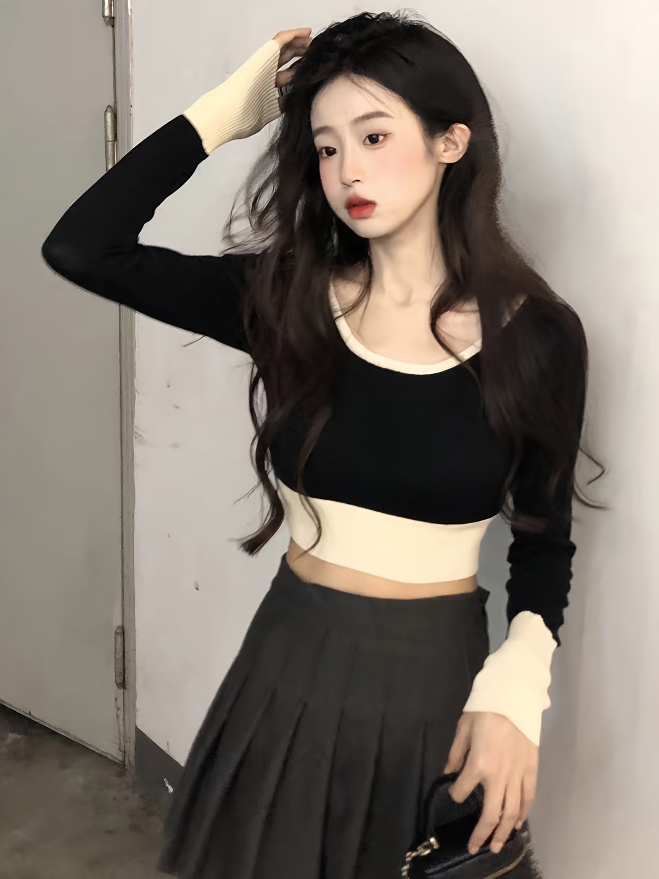 Antmvs Color Block Scoop Neck Knitted Top, Vintage Long Sleeve Crop Fashion Sweater, Women's Clothing