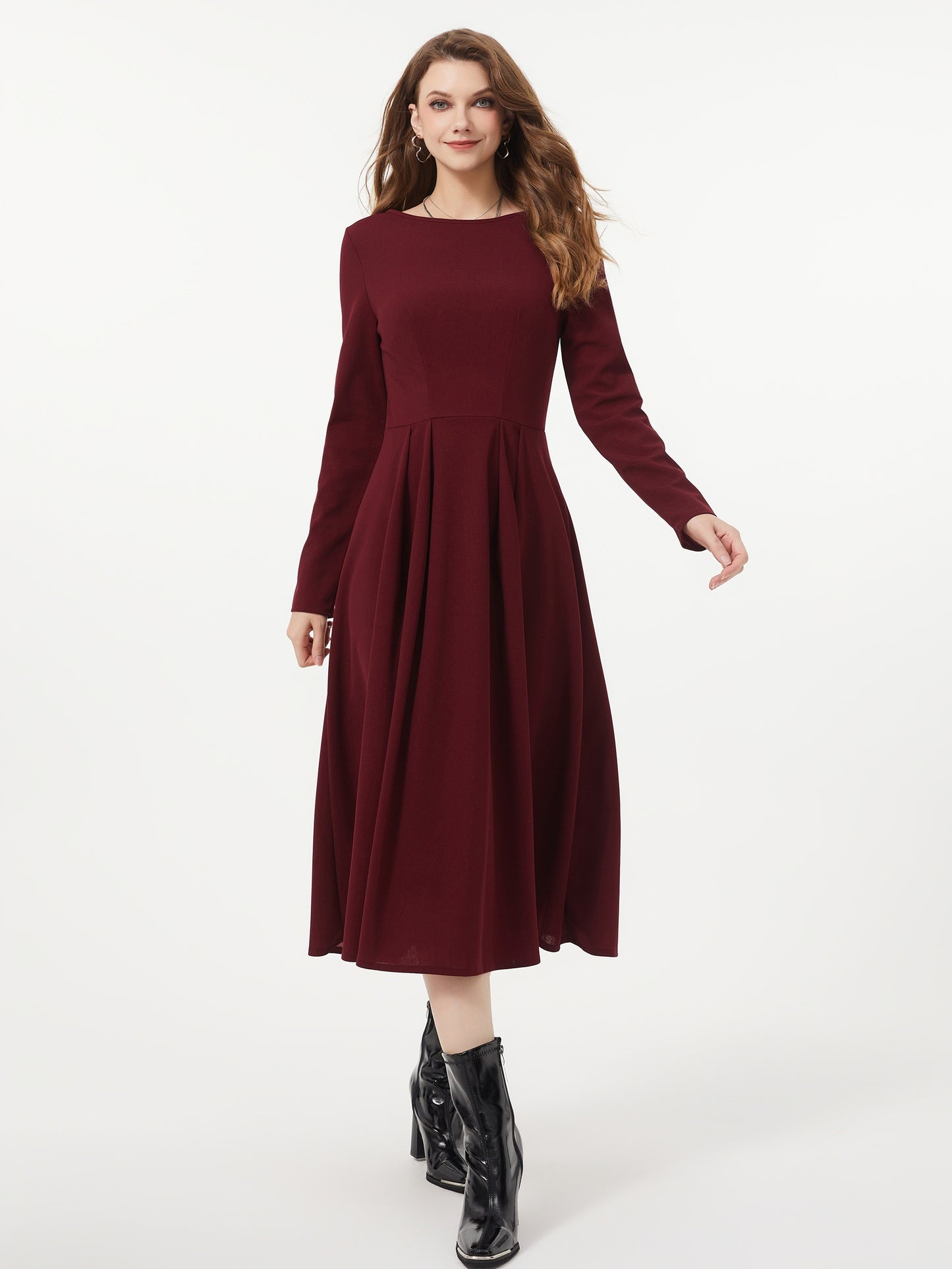 Antmvs Solid Color Crew Neck Dress, Elegant Long Sleeve Pleated Dress, Women's Clothing