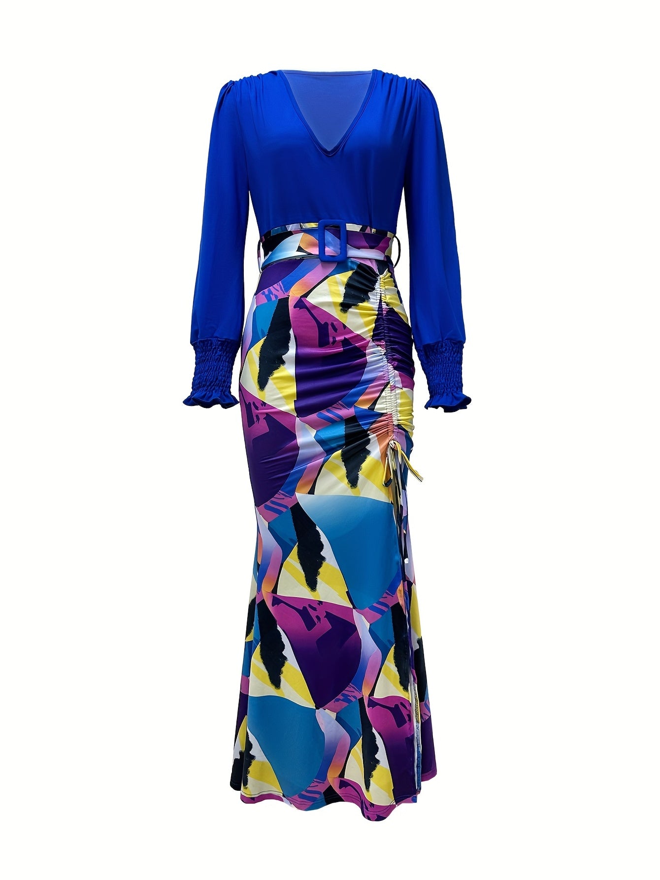 Antmvs Colorful Print Drawstring V Neck Dress, Casual Long Sleeve Belted Dress, Women's Clothing