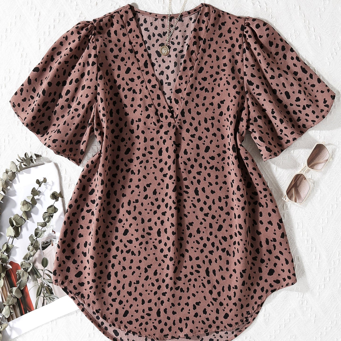 Antmvs Dalmatian Print V Neck Blouse, Elegant Short Sleeve Blouse For Spring & Summer, Women's Clothing