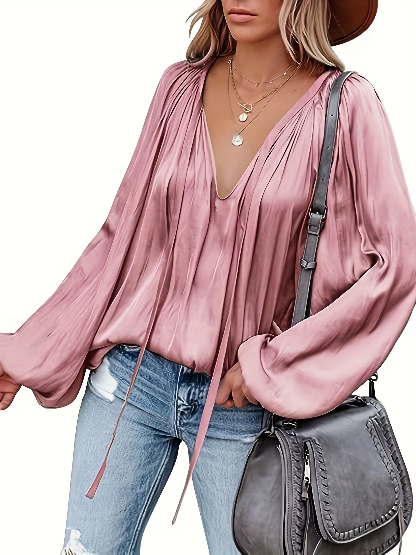 Antmvs Lantern Long Sleeve Satin Blouse, Elegant V Neck Tops For Spring & Summer, Women's Clothing