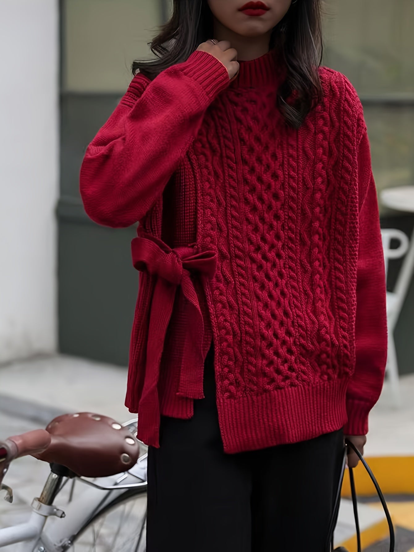 Antmvs Solid Lace Up Cable Knit Sweater, Casual Mock Neck Long Sleeve Loose Pullover Sweater, Women's Clothing