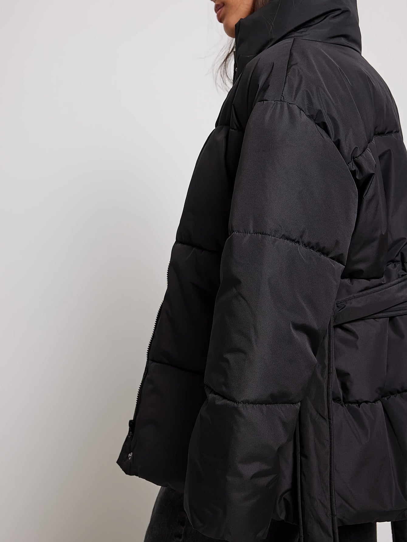 Antmvs Solid Zip & Button Front Coat, Casual Stand Collar Long Sleeve Winter Warm Outerwear, Women's Clothing