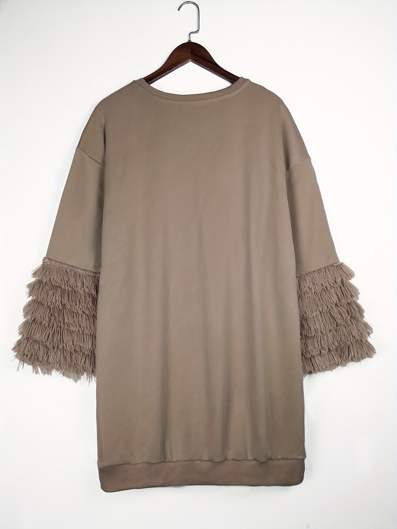 Antmvs Plus Size Casual Sweatshirt, Women's Plus Solid Layered Tassel Decor Long Sleeve Round Neck Pullover Top