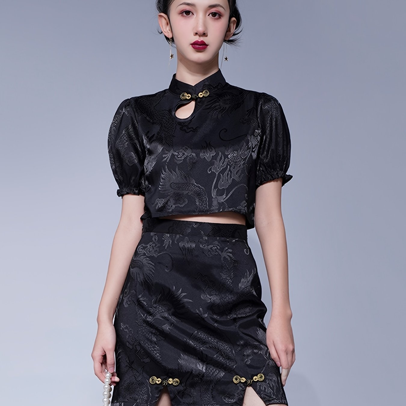Antmvs Chinese Dragon Jacquard Cheongsam Suit, Short Sleeve Crop Top & High Waist Skirt, Women's Clothing