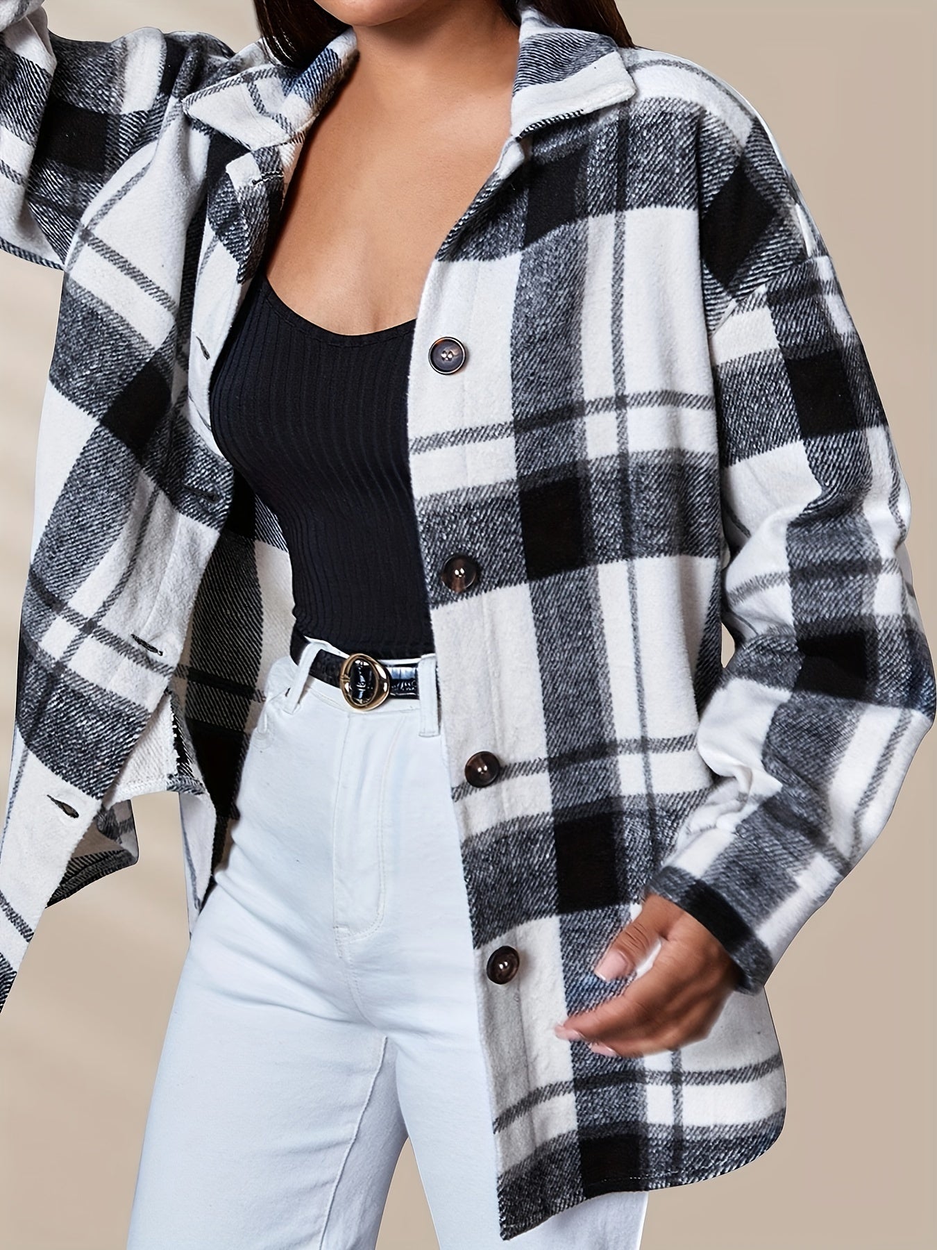 Antmvs Plaid Print Button Front Jacket, Casual Long Sleeve Jacket For Fall & Winter, Women's Clothing