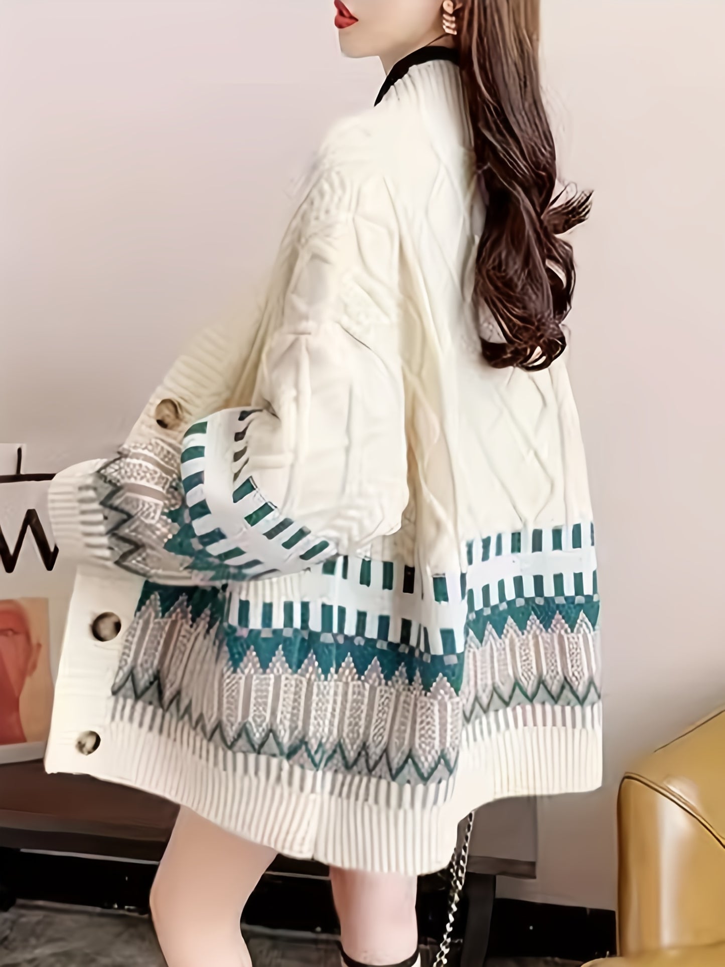 Antmvs Geo Pattern Button Down Knit Cardigan, Elegant Long Sleeve Loose Sweater With Pocket, Women's Clothing
