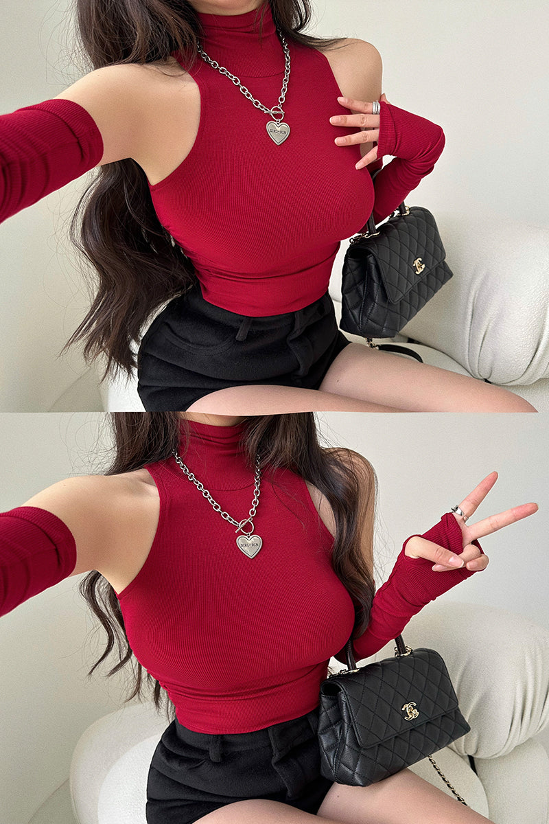 Antmvs Hyolin Solid Color Sleeveless Turtleneck Gloved Slim Ruched Top