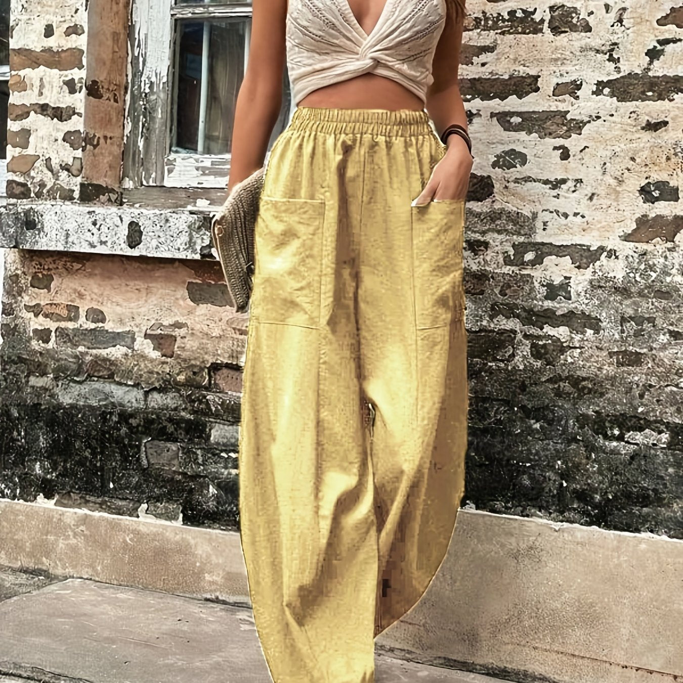 Antmvs Boho Solid Elastic Waist Harem Pants, Casual Long Length Baggy Pants With Pockets For Spring & Summer, Women's Clothing