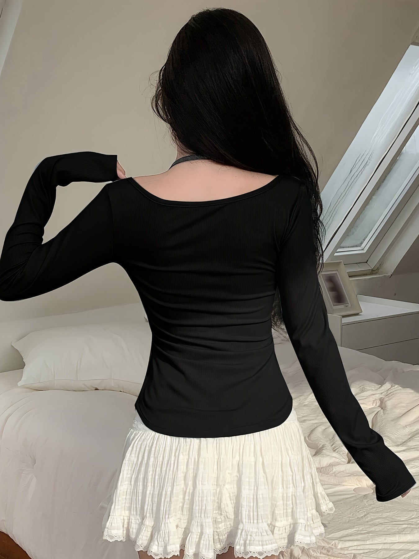 Antmvs Solid Button V Neck Halter Tee, Y2K Long Sleeve Slim Top For Spring & Fall, Women's Clothing