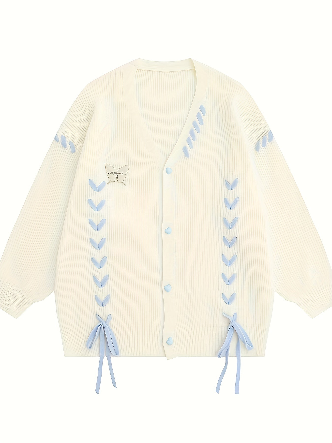 Antmvs Lace Up Button Down Knit Cardigan, Casual Long Sleeve Loose Sweater, Women's Clothing