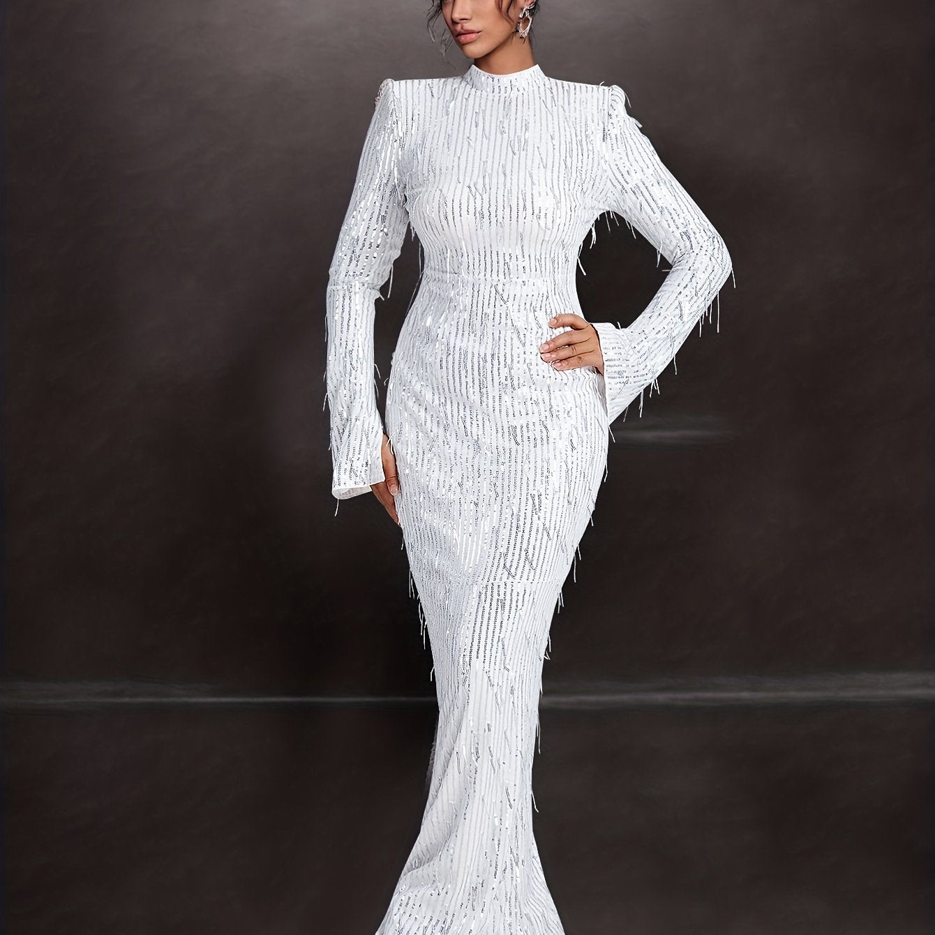 Antmvs Contrast Sequin Bodycon Maxi Dress, Elegant Long Sleeve Mock Neck Evening Party Dress, Women's Clothing