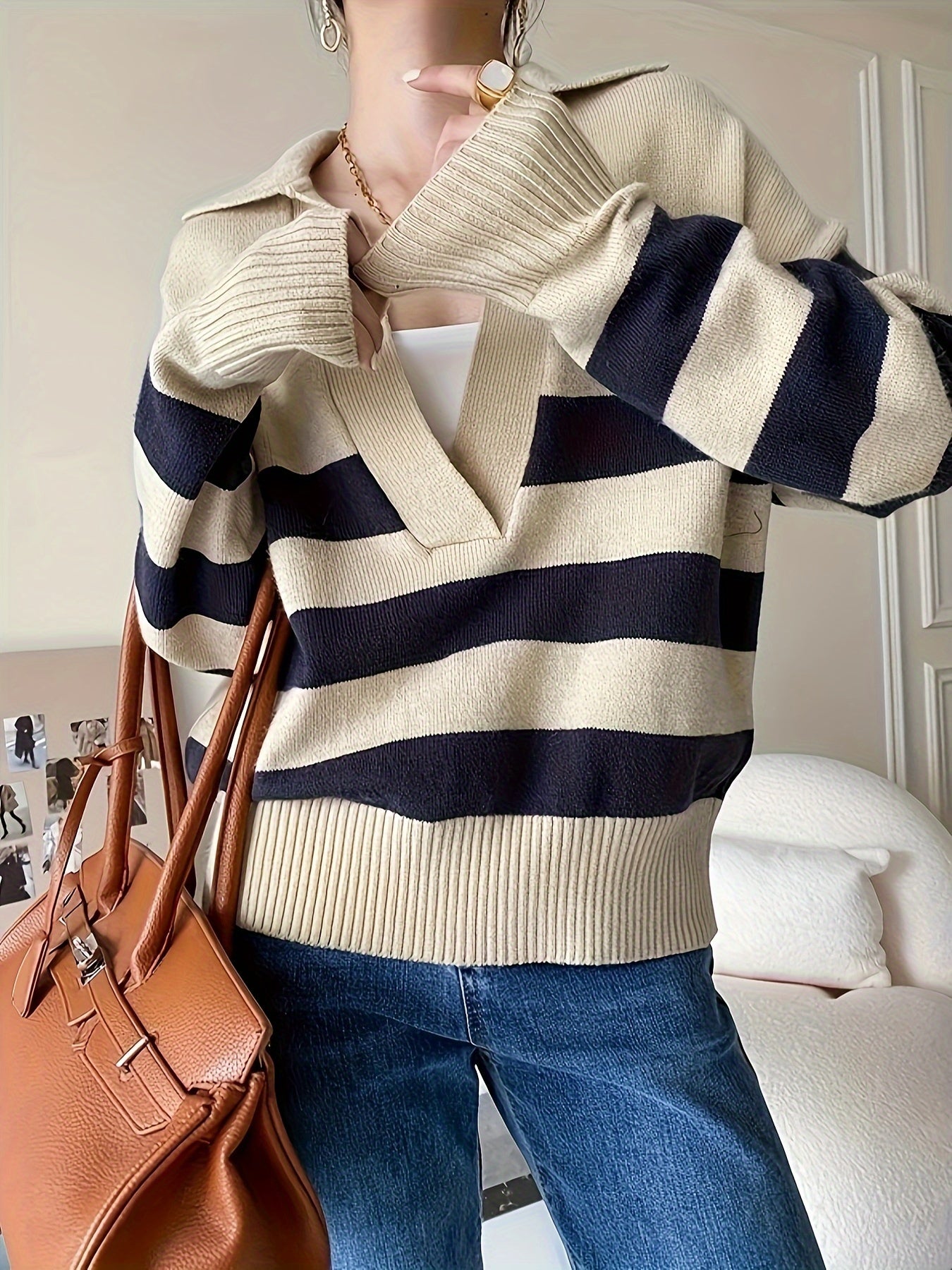 Antmvs Striped V Neck Pullover Sweater, Casual Long Sleeve Drop Shoulder Sweater, Women's Clothing