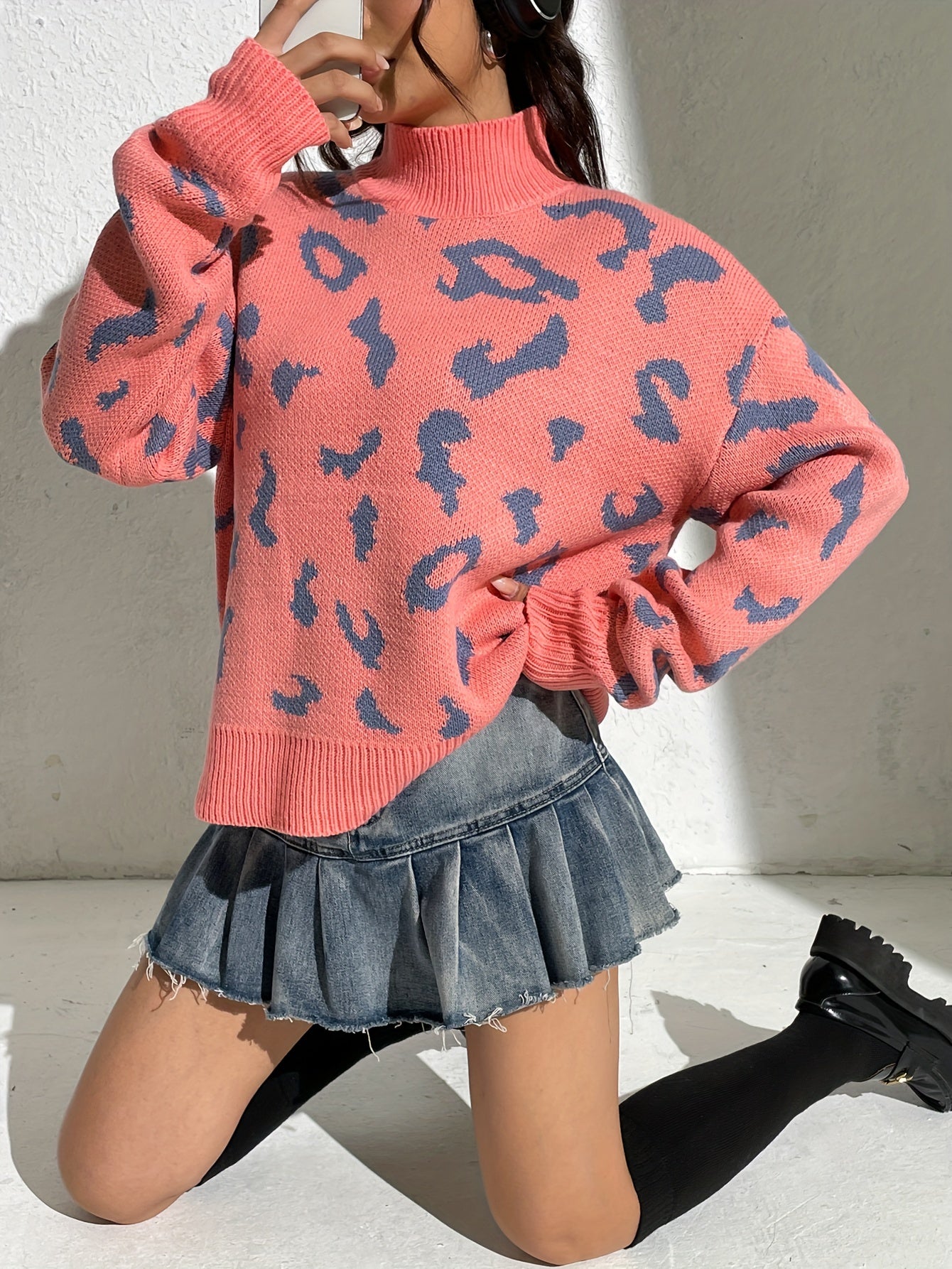 Antmvs Leopard Turtle Neck Pullover Sweater, Casual Long Sleeve Drop Shoulder Sweater, Women's Clothing