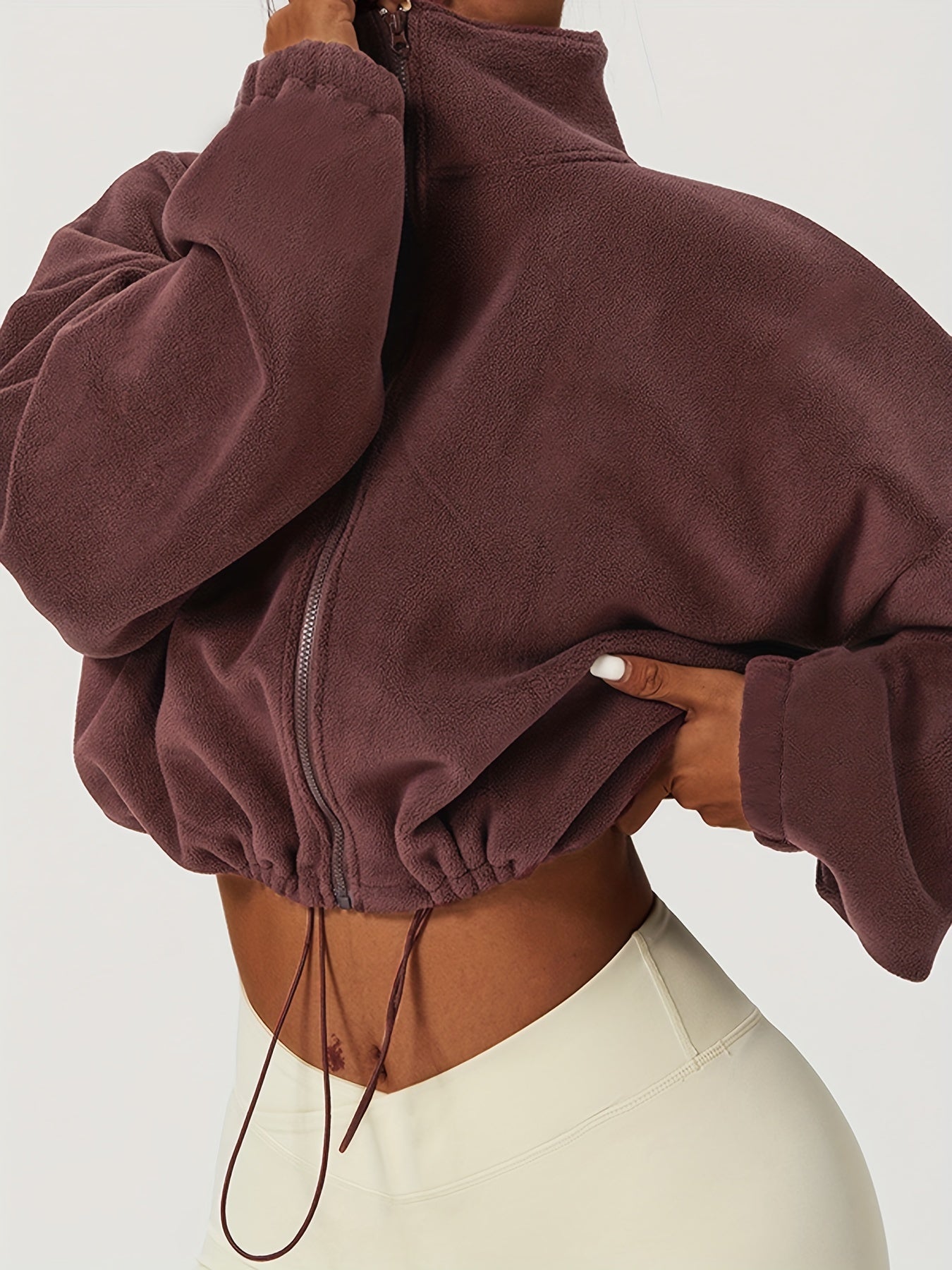 Antmvs Women's Warm Fleece Crop Jacket With Zipper And Drawstring - Perfect For Casual Sports And Outdoor Activities