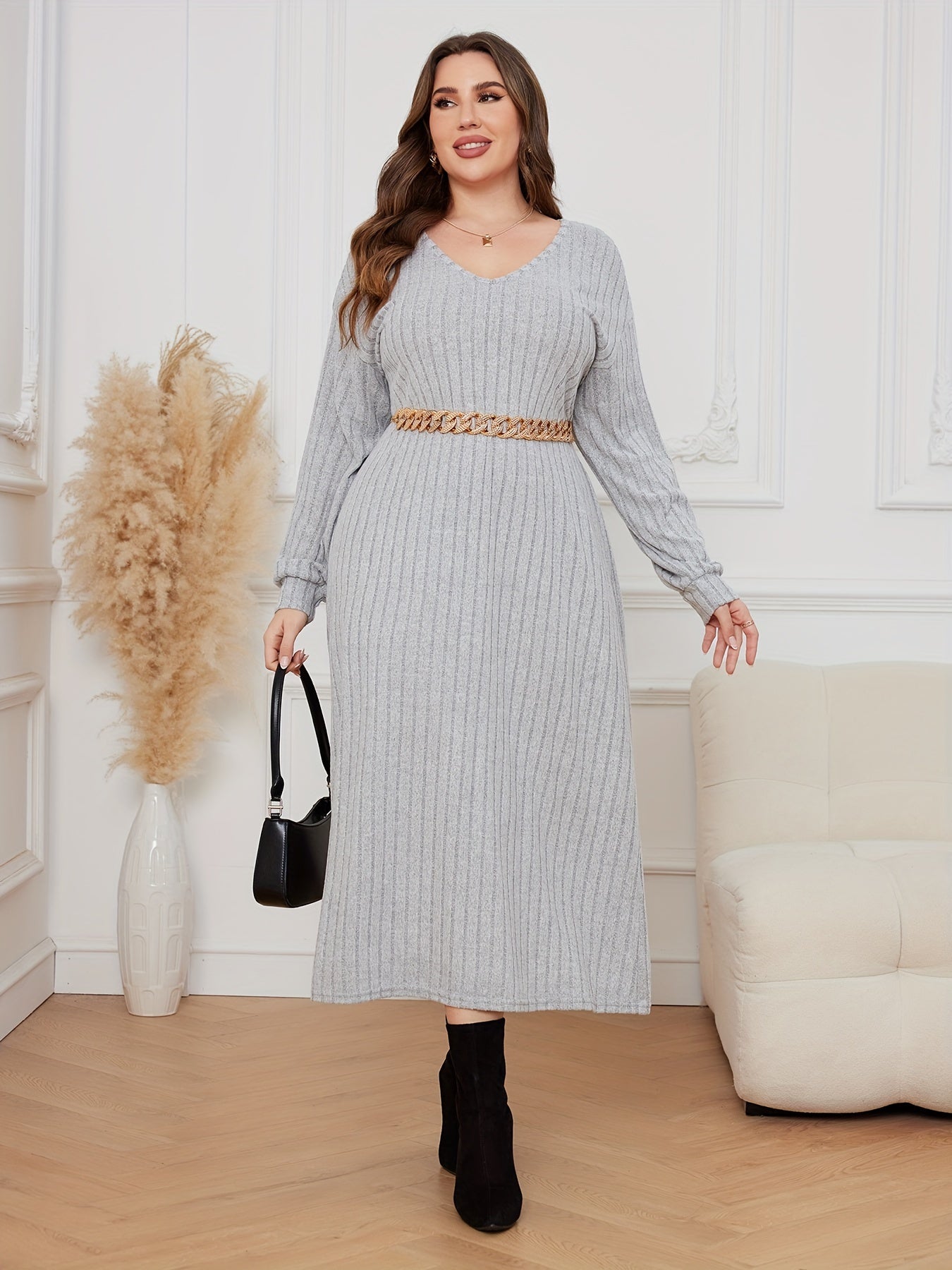 Antmvs Plus Size Casual Dress, Women's Plus Solid Ribbed Drop Shoulder Long Sleeve V Neck Midi Dress