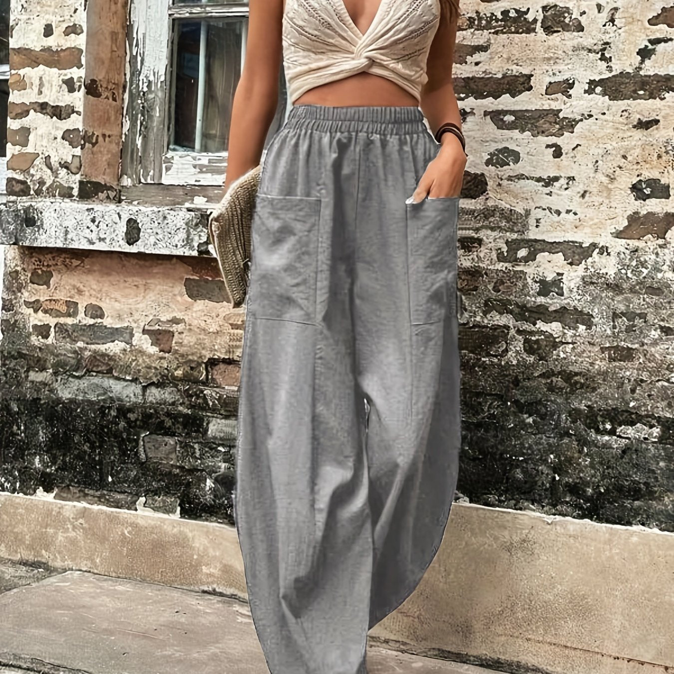 Antmvs Boho Solid Elastic Waist Harem Pants, Casual Long Length Baggy Pants With Pockets For Spring & Summer, Women's Clothing
