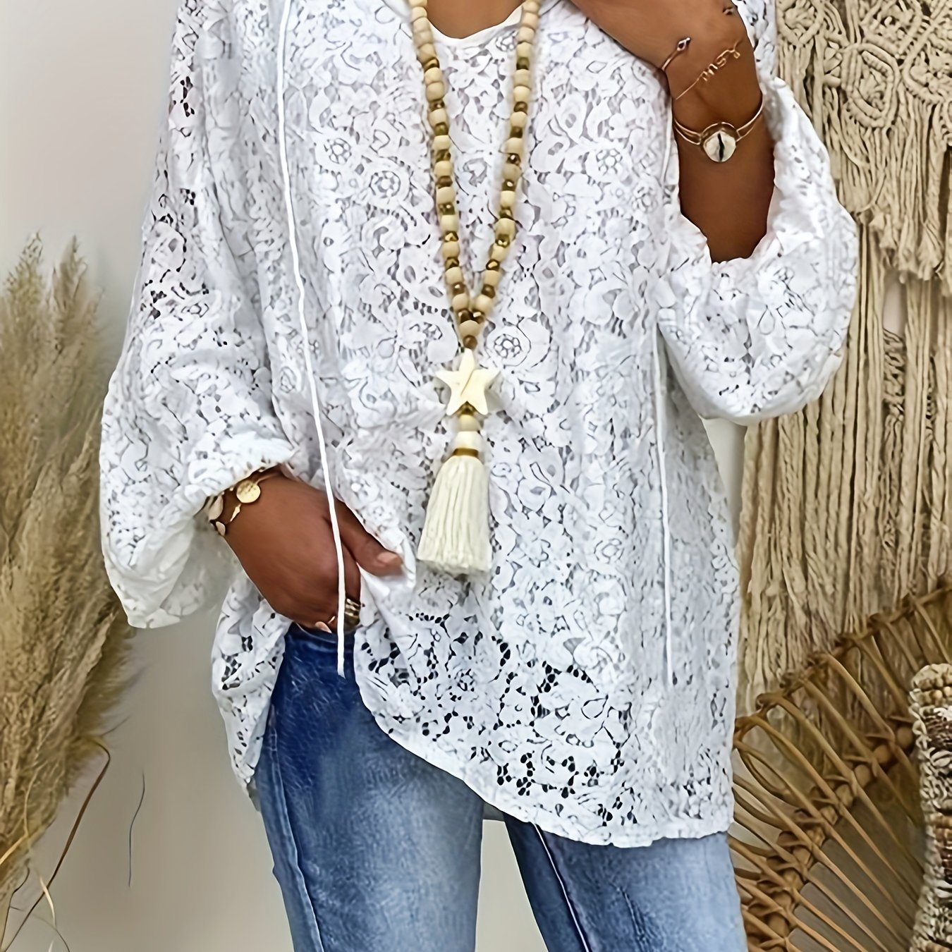 Antmvs Solid Contrast Lace Blouse, Elegant Tie Front Long Sleeve Blouse, Women's Clothing