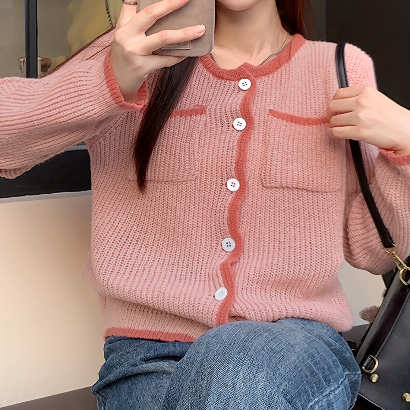 Antmvs Contrast Trim Button Front Cardigan, Chic Long Sleeve Dual Pockets Knit Cardigan, Women's Clothing