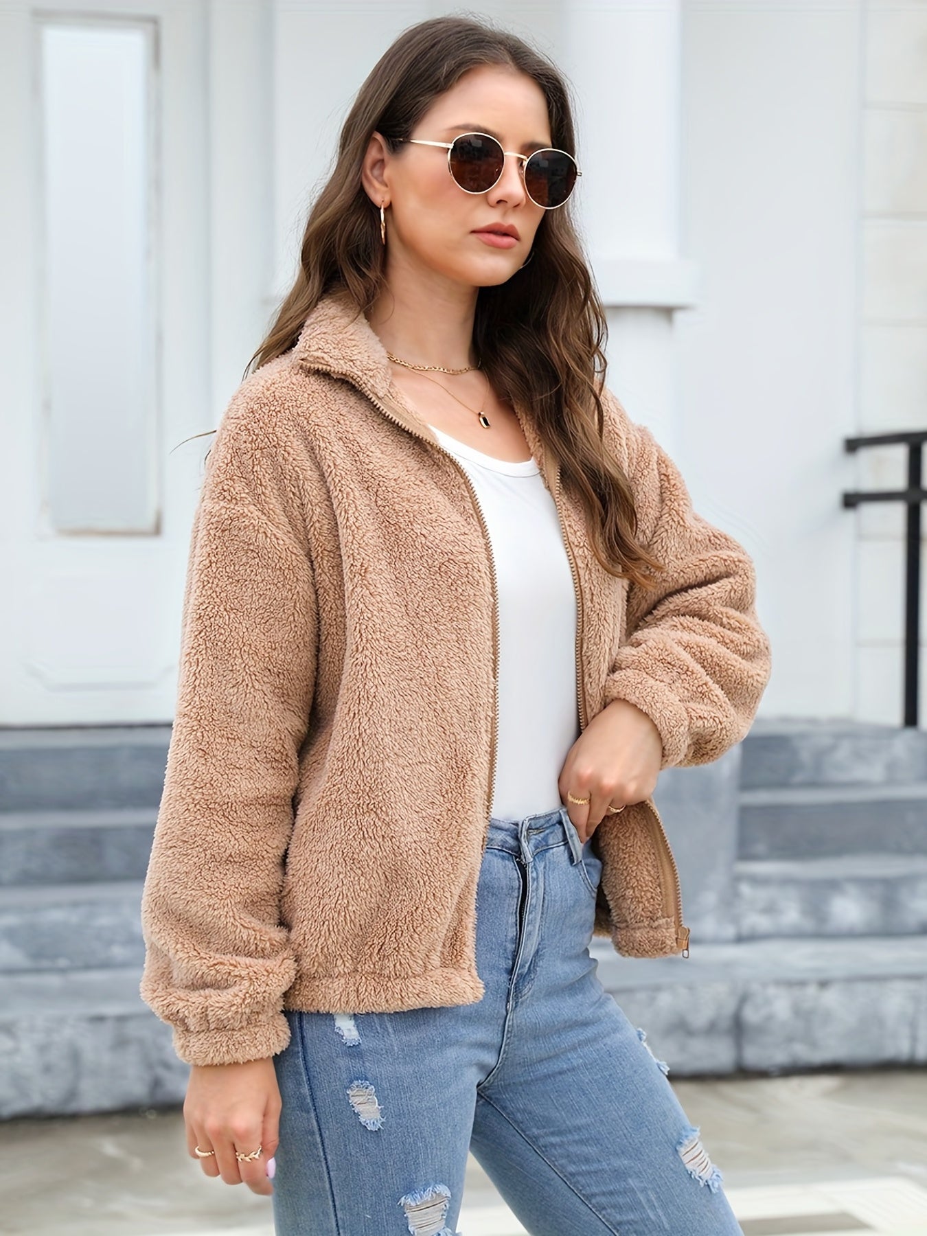 Antmvs Fuzzy Zip Up Jacket, Casual Long Sleeve Solid Outerwear, Women's Clothing