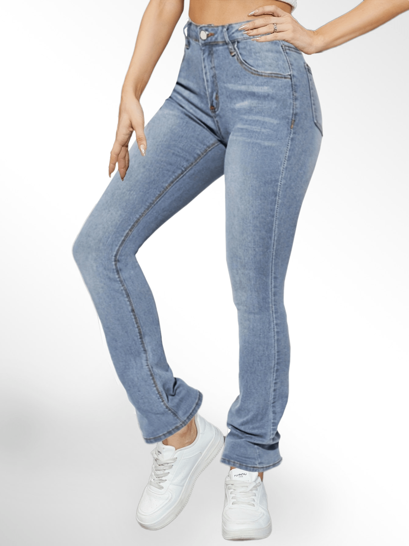 Antmvs Water Ripple Embossed Crotch Bootcut Jeans, Medium Blue Causal Stretchy Denim Pants, Women's Denim Jeans & Clothing