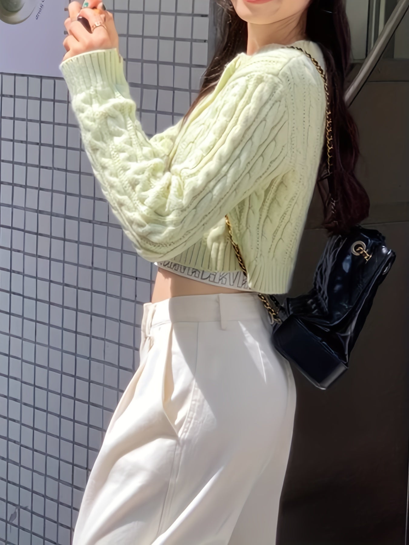 Antmvs Y2K Solid Button Up Cable Knit Cardigan, Casual Long Sleeve Crop Sweater, Women's Clothing
