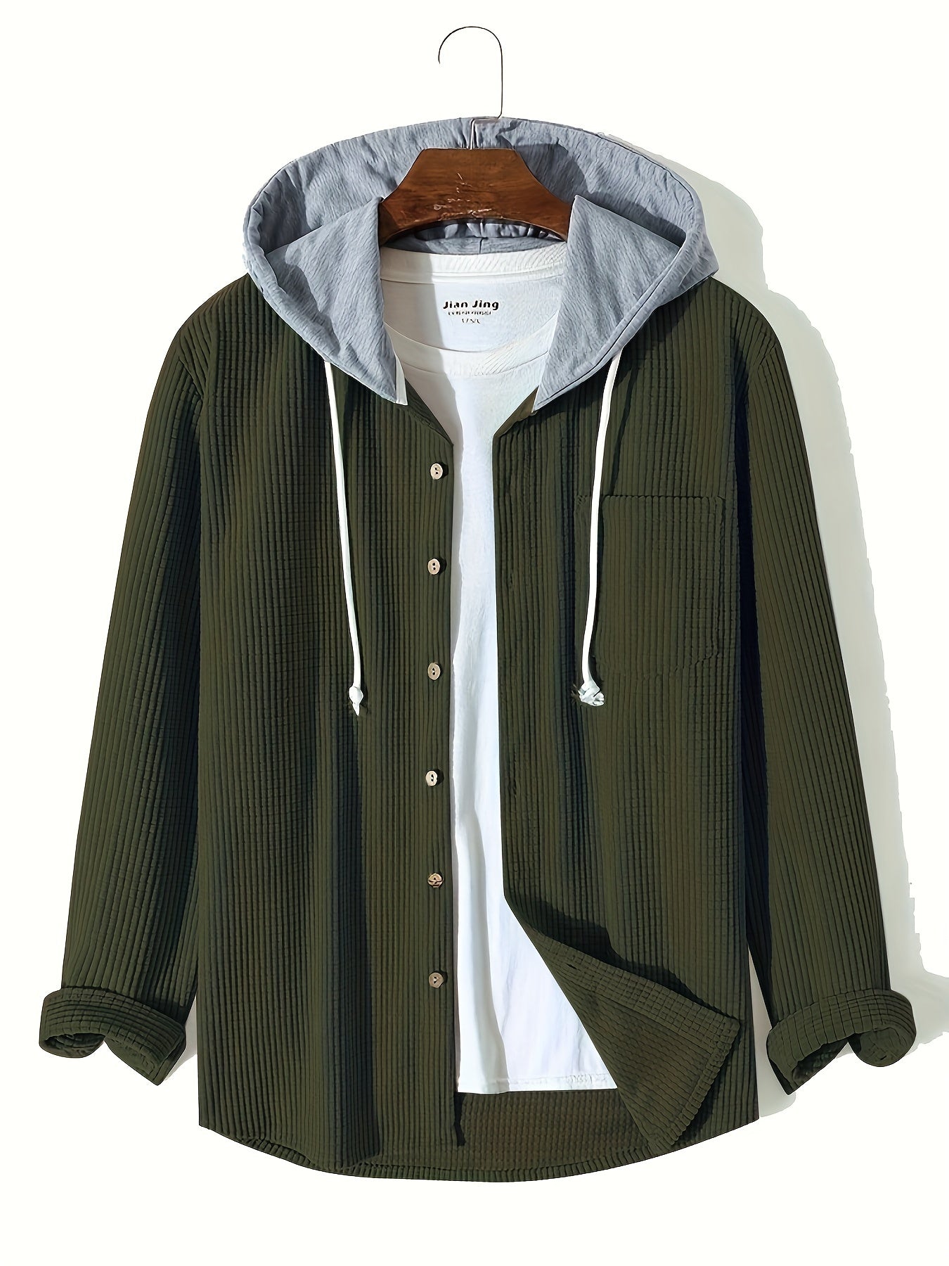 Antmvs Waffle Pattern Hoodie Shirt Coat For Men Long Sleeve Casual Regular Fit Button Up Hooded Shirts Jacket