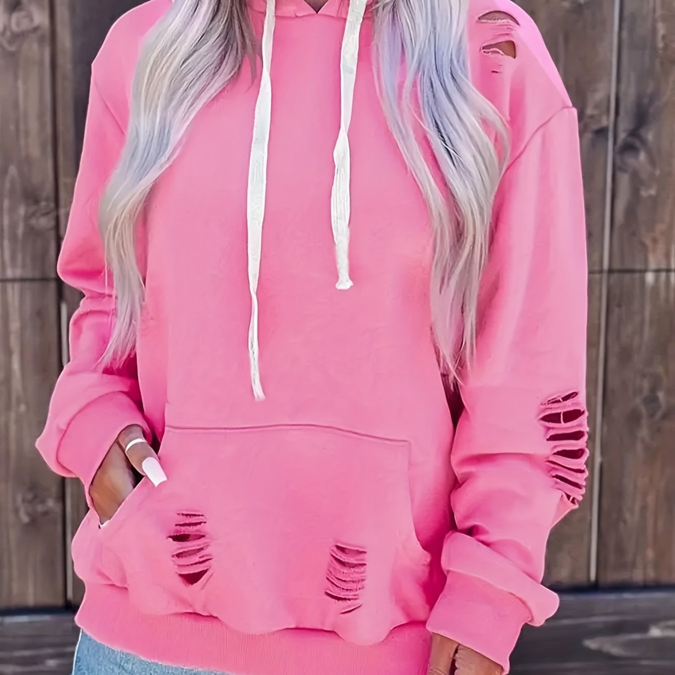 Antmvs Plus Size Casual Sweatshirt, Women's Plus Solid Cut Out Long Sleeve Slight Stretch Drawstring Hoodie With Pocket