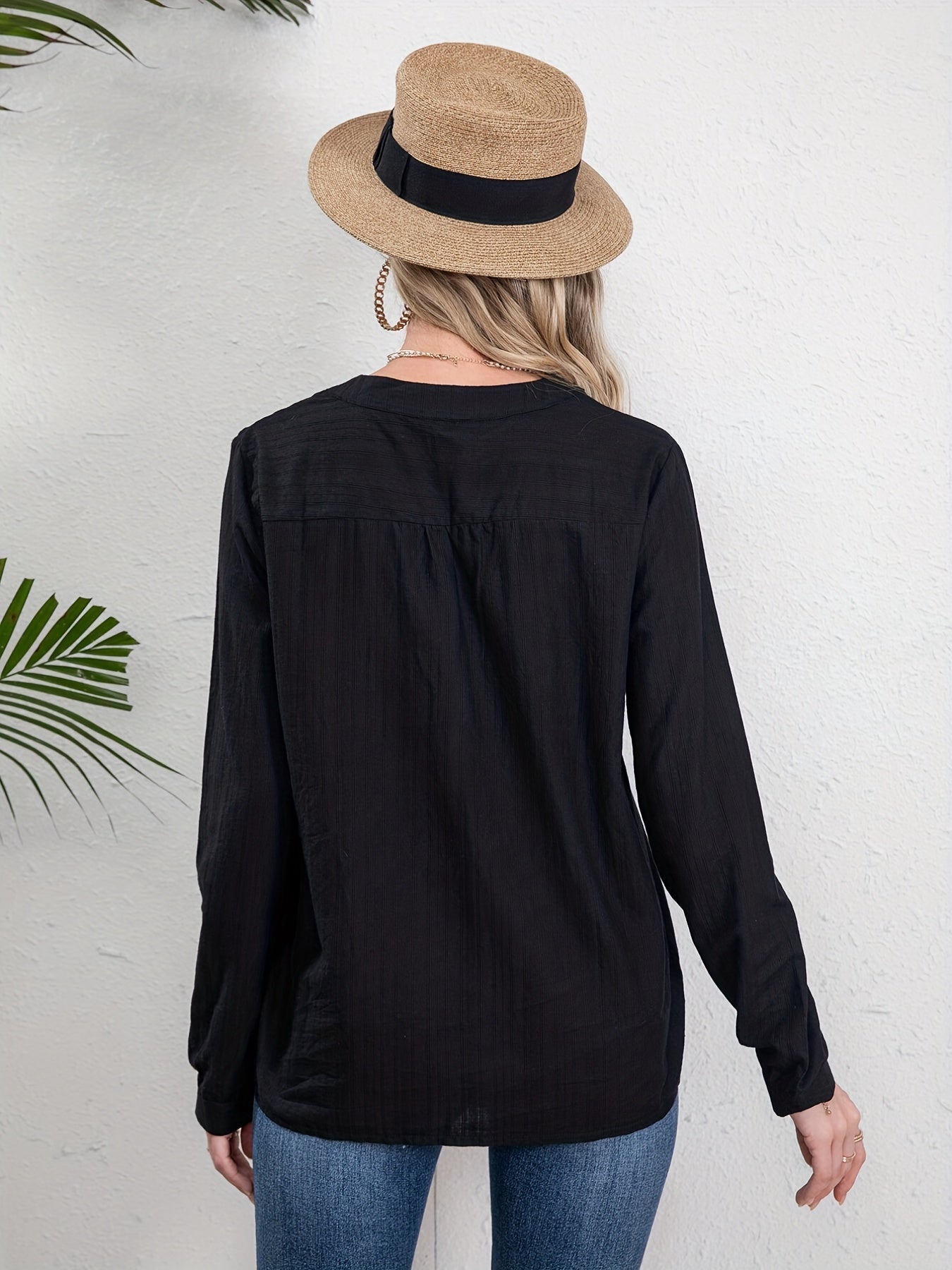 Antmvs Embroidery Ethnic Style V-neck Shirt, Casual Long Sleeve Spring & Autumn Shirts Tops, Women's Clothing