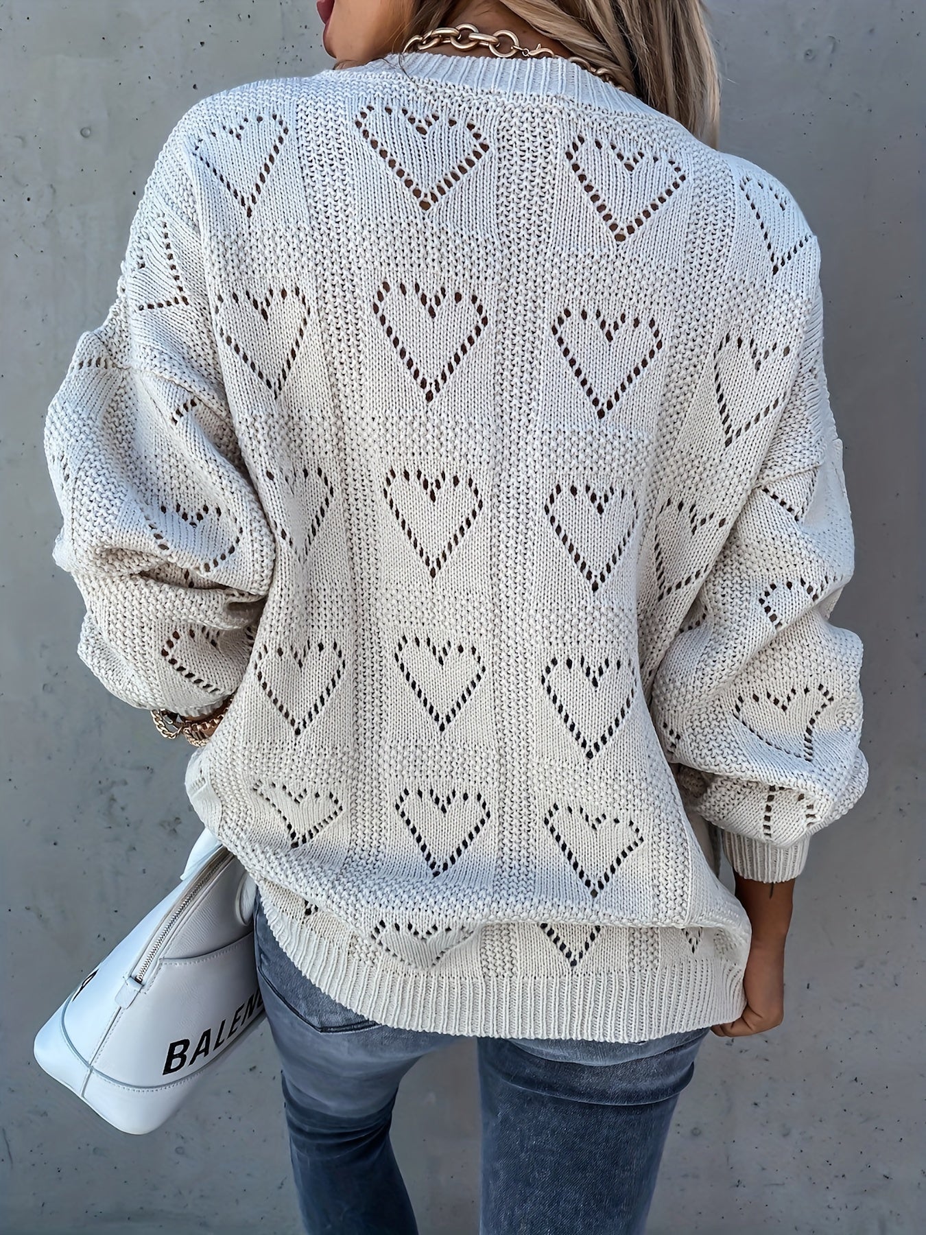 Antmvs Heart Pattern Cut Out V Neck Sweater, Casual Long Sleeve Sweater For Fall & Winter, Women's Clothing