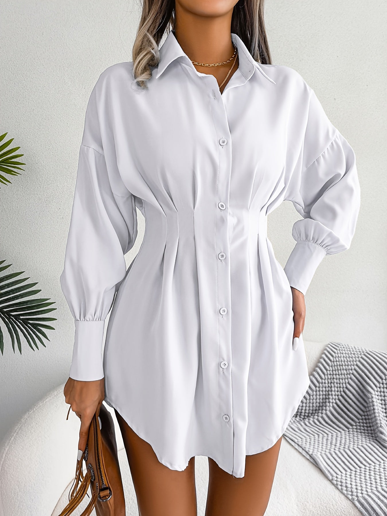 Antmvs V-neck Loose Lapel Long Blouses, Casual Button Down Lantern Long Sleeve Fashion Long Shirts Tops, Women's Clothing