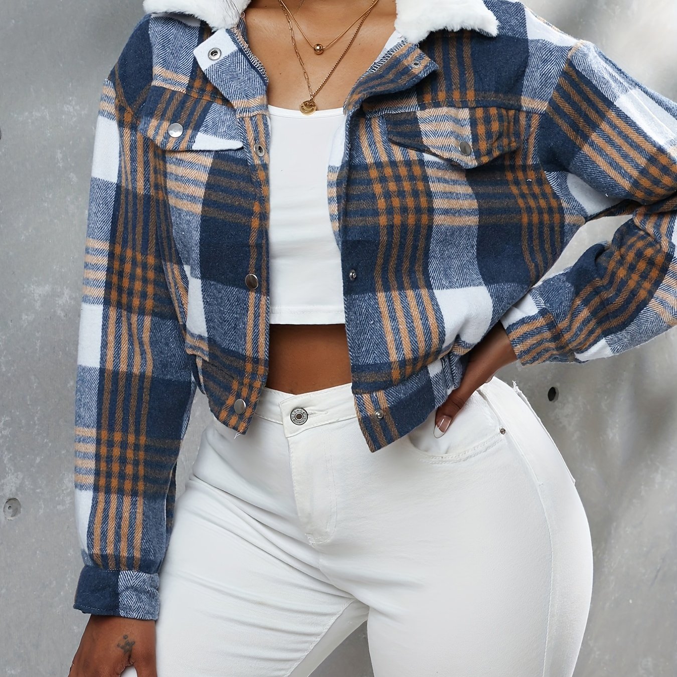 Antmvs Button Plaid Faux Fur Collar Jacket, Casual Long Sleeve Crop Jacket For Fall & Winter, Women's Clothing
