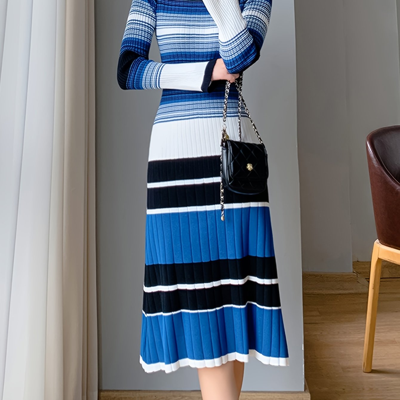 Antmvs Striped Print Long Sleeve Knit Dress, Elegant Crew Neck A-line Dress, Women's Clothing