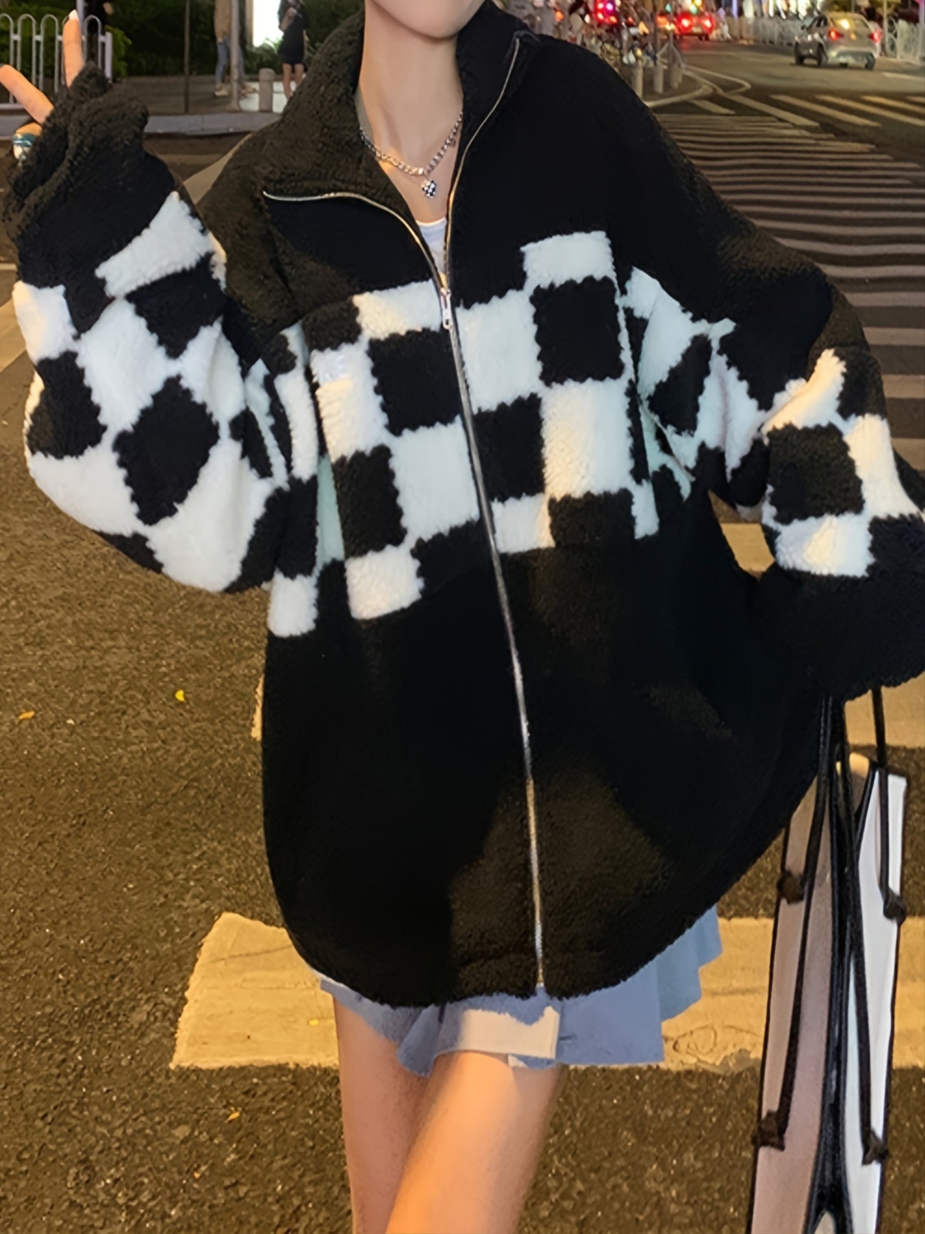 Antmvs Women's Checkered Print Oversized Plush Coat, Casual Winter Jacket For Outdoors, Women's Clothing