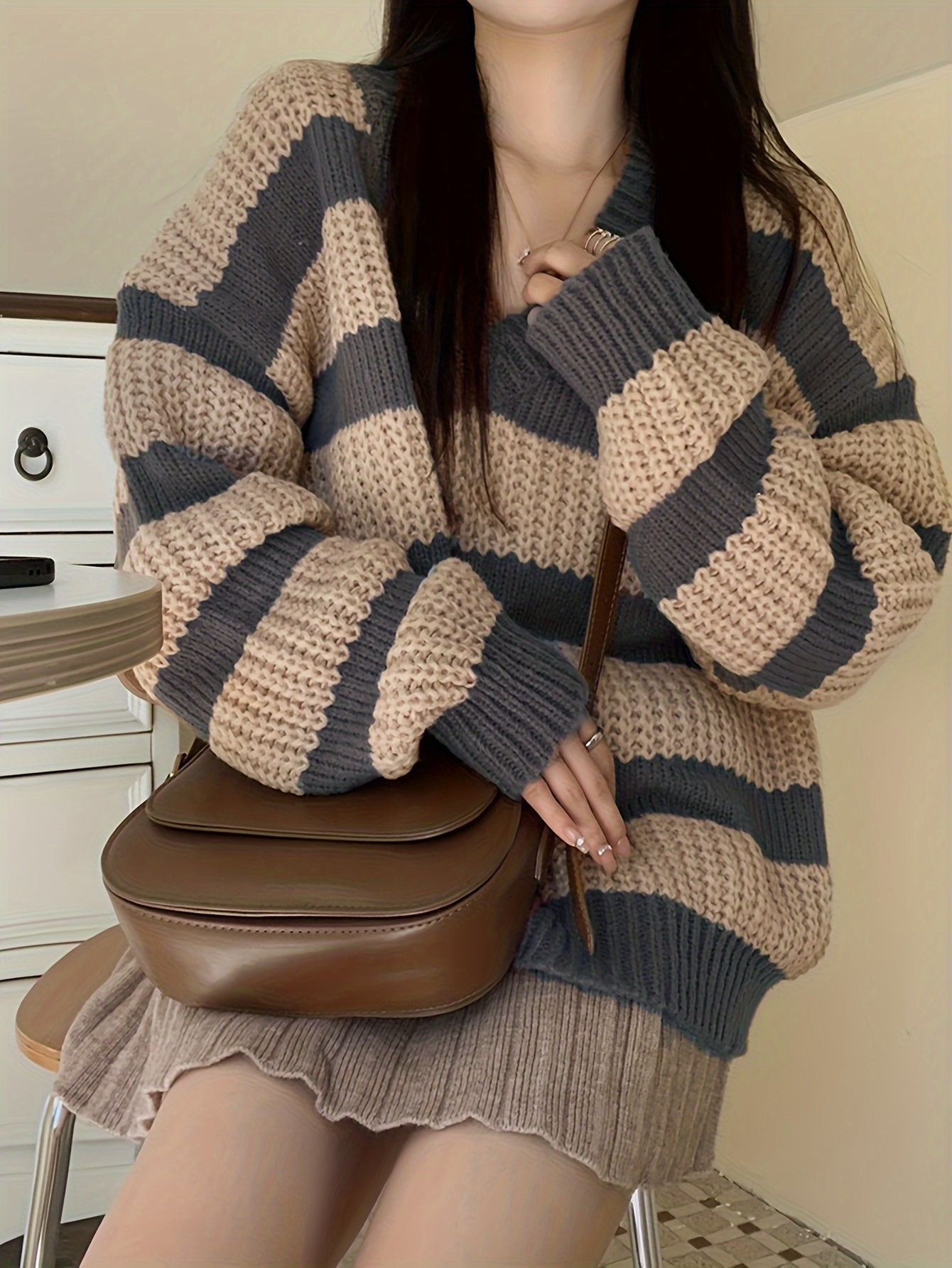 Antmvs Striped V Neck Pullover Sweater, Casual Long Sleeve Drop Shoulder Sweater, Women's Clothing